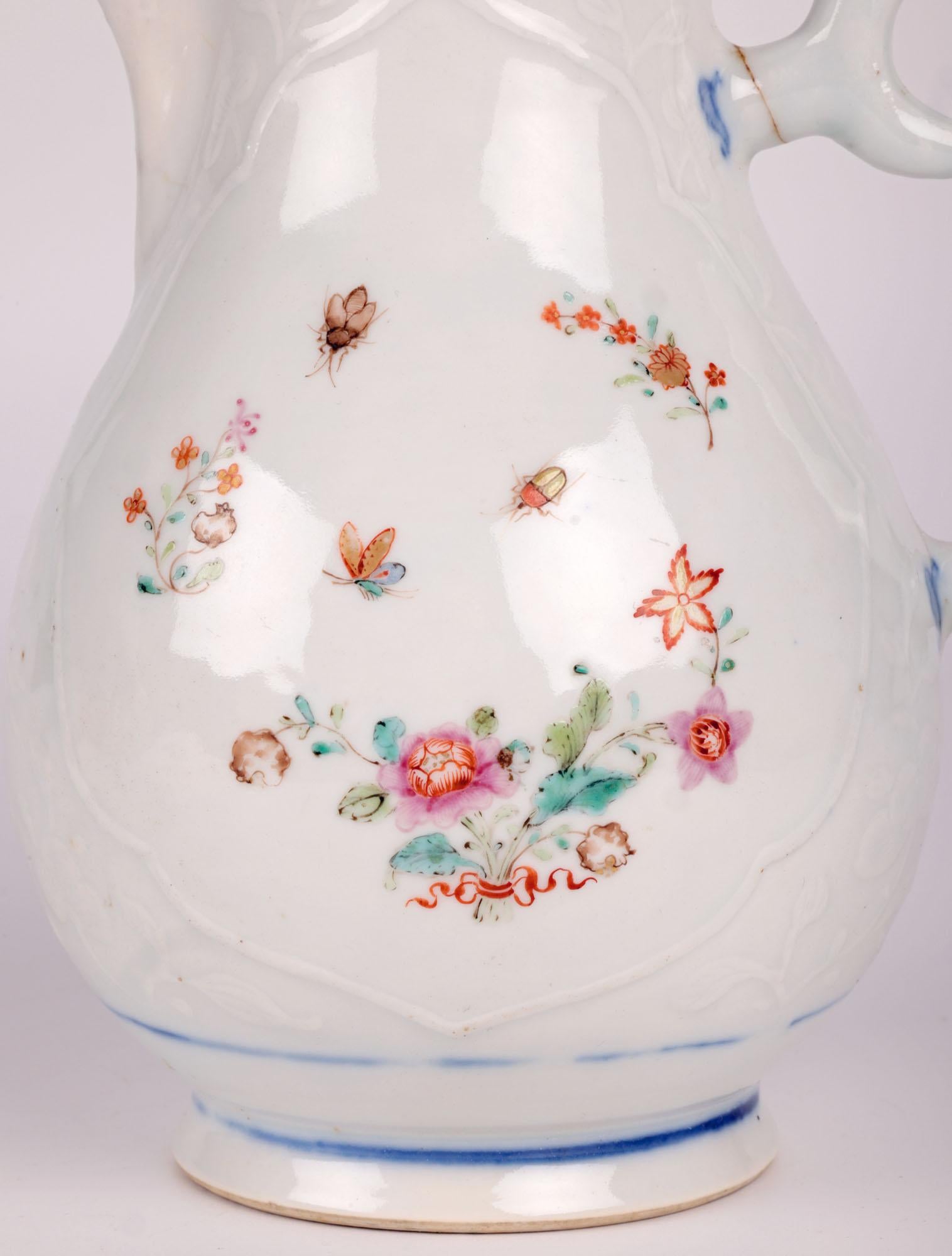 Hand-Crafted Chinese Kangxi Floral Embossed Lidded Porcelain Jug  For Sale