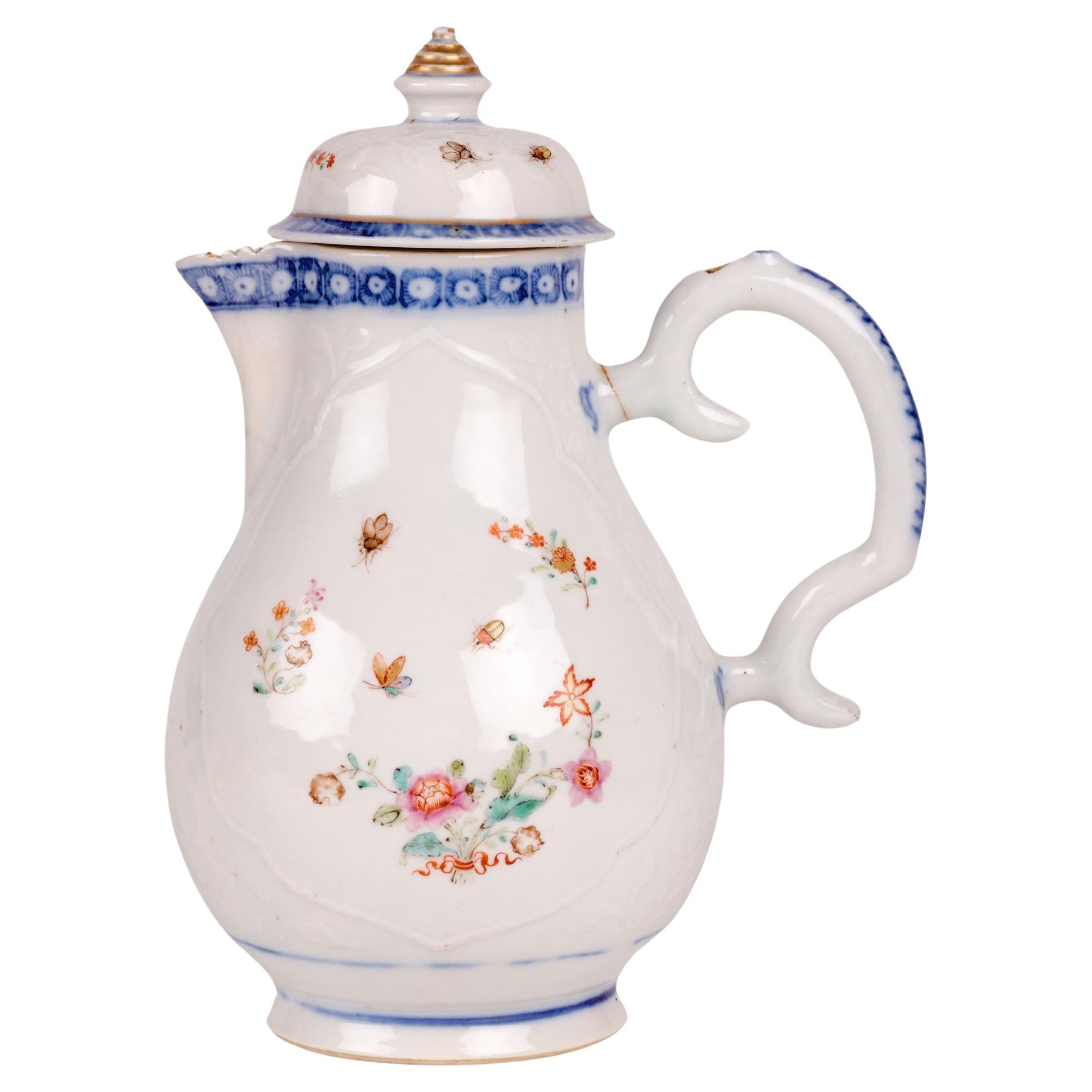 Chinese Kangxi Floral Embossed Lidded Porcelain Jug  For Sale