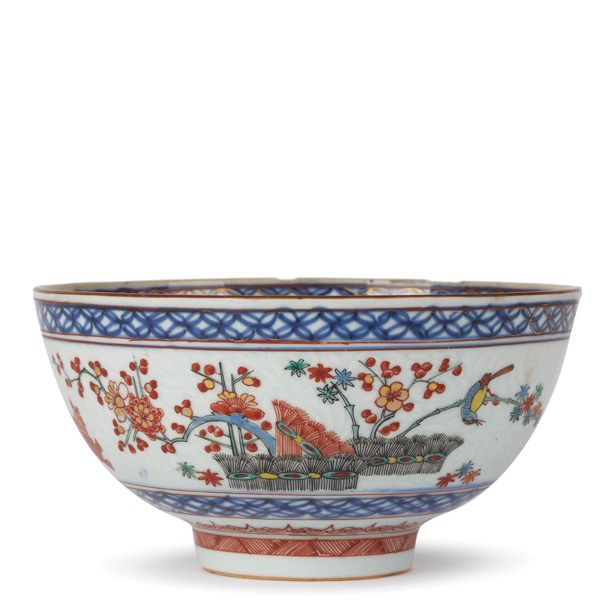 Hand-Painted Chinese Kangxi Kakiemon Ware Bird and Tiger Bowl Early 18th Century
