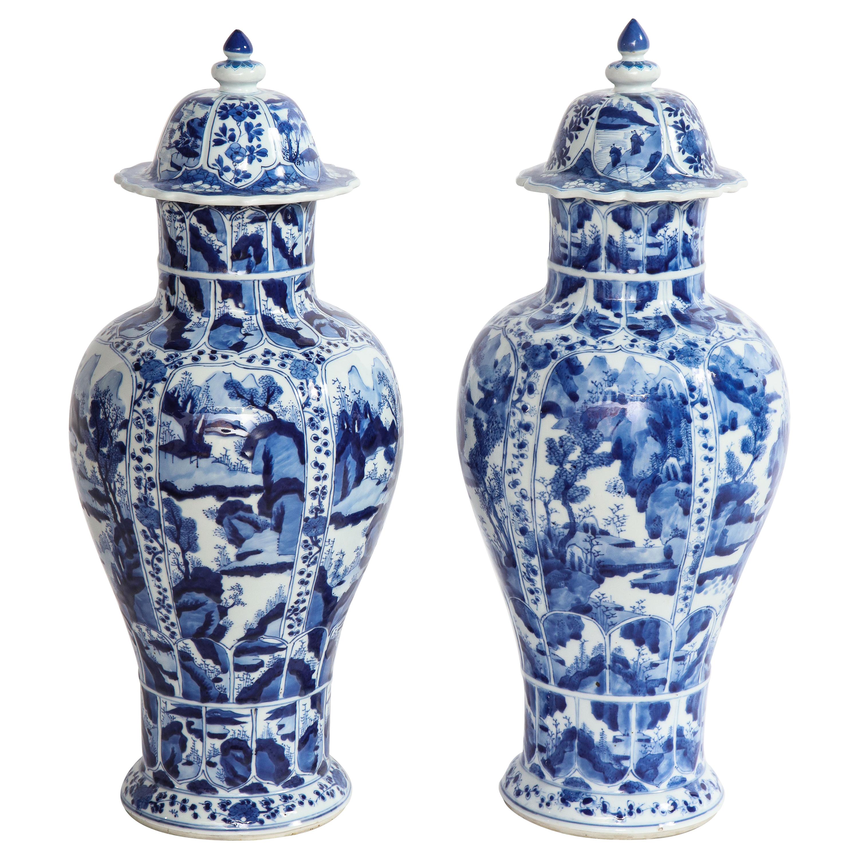 Chinese Kangxi Period Blue and White Covered Vases w/ Raised Painted Panels Pair