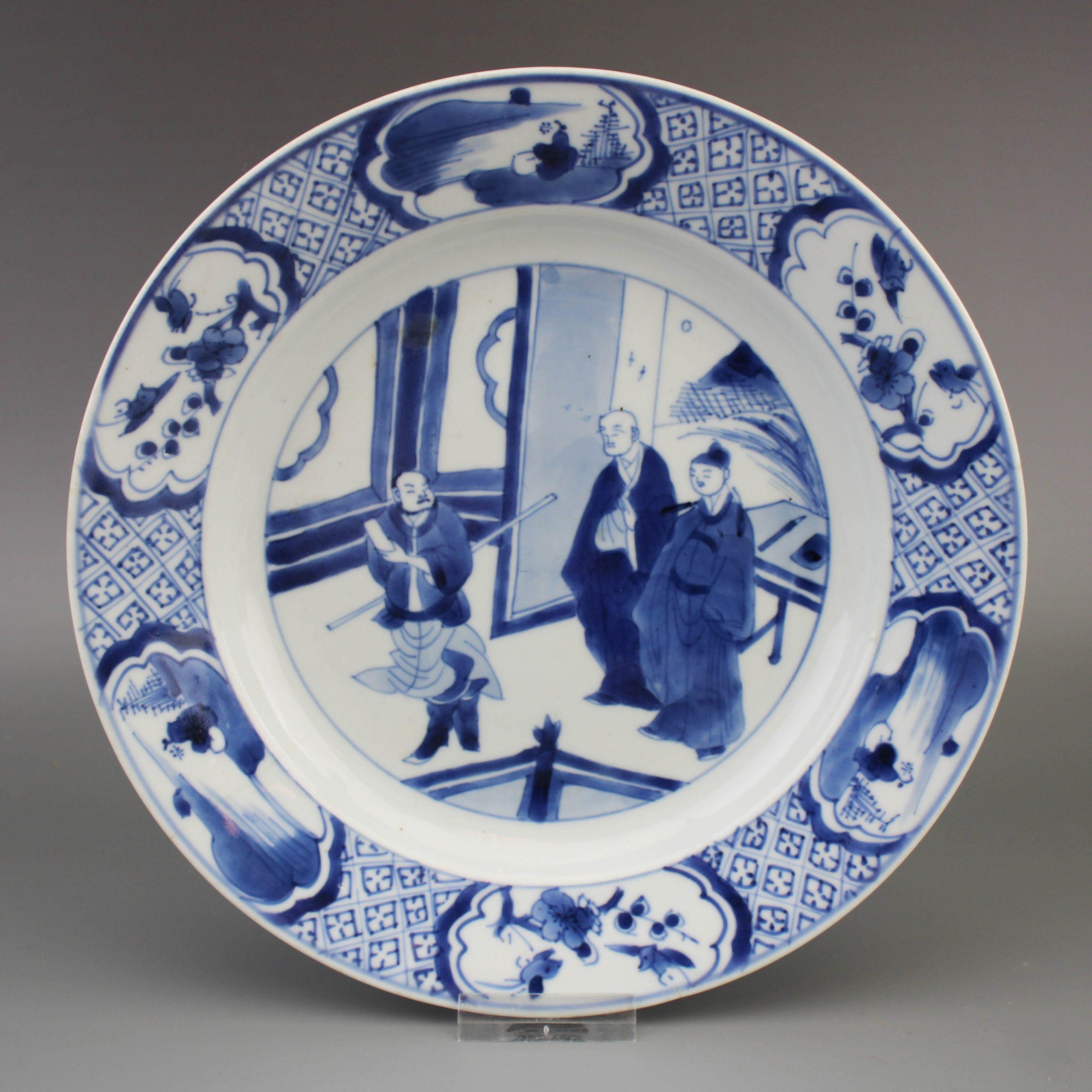 18th Century and Earlier Chinese Kangxi Period Porcelain Dish Romance of the Western Chamber Blue White For Sale