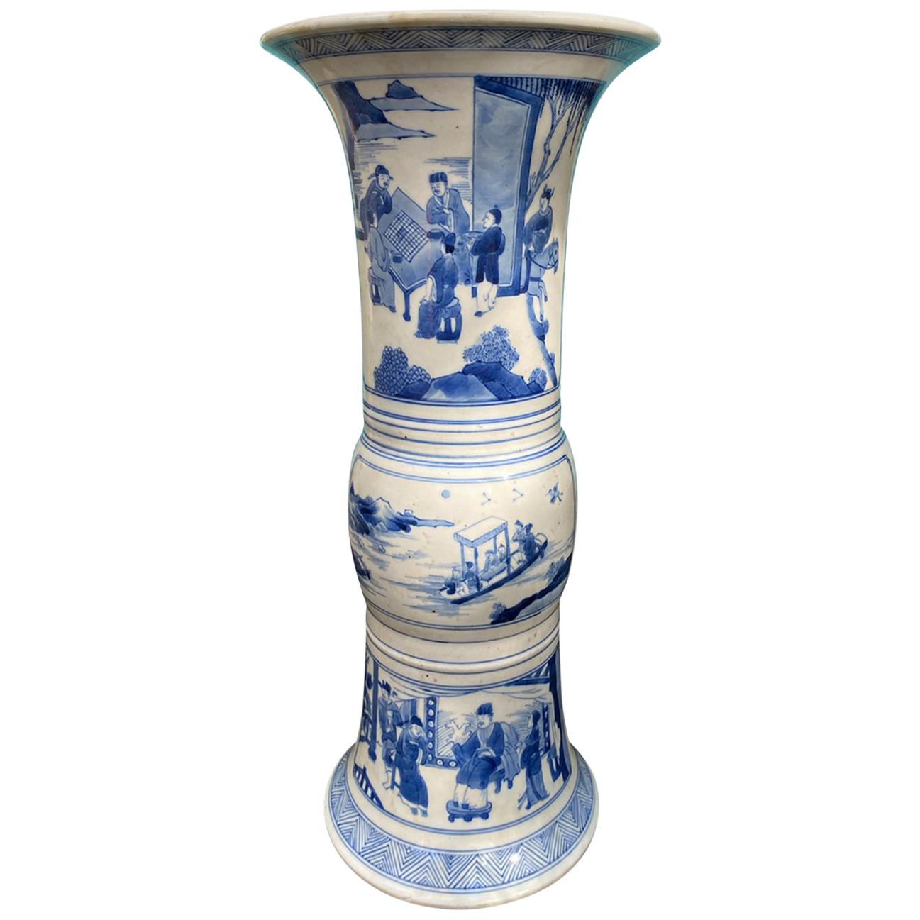 Chinese Kangxi Style Blue and White Chinoiserie Gu Form Beaker Porcelain Vase For Sale