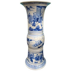 Chinese Kangxi Style Blue and White Chinoiserie Gu Form Beaker Porcelain Vase