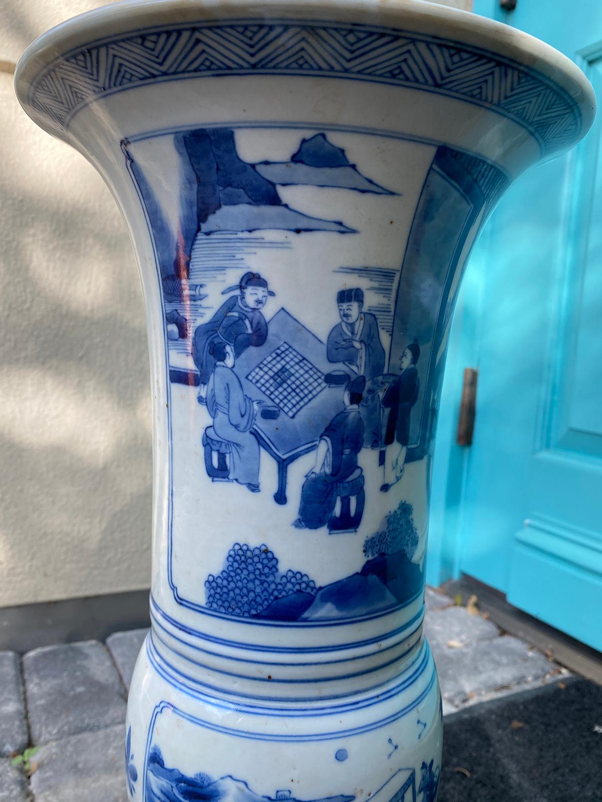 Chinese Kangxi Style Blue and White Chinoiserie Gu Form Beaker Porcelain Vase For Sale 6