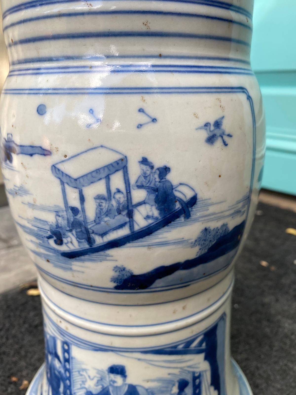 Chinese Kangxi Style Blue and White Chinoiserie Gu Form Beaker Porcelain Vase For Sale 8