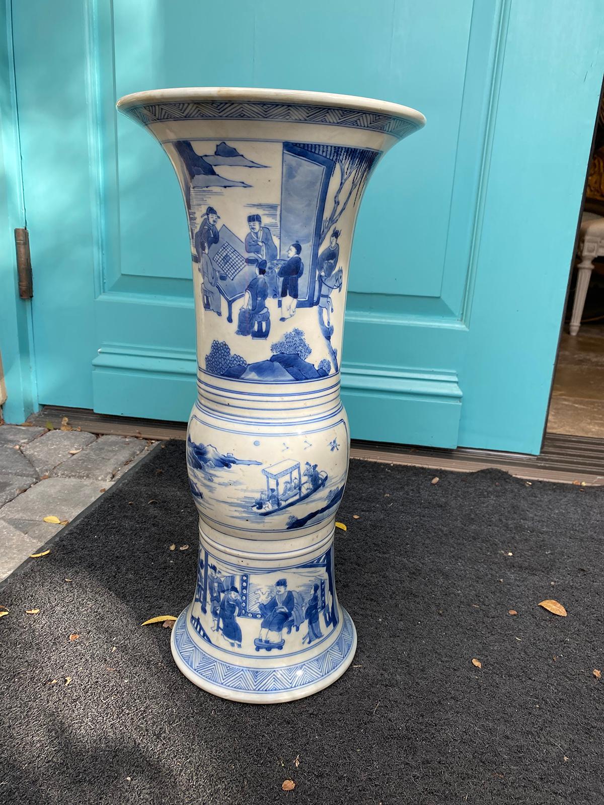18th Century Chinese Kangxi Style Blue and White Chinoiserie Gu Form Beaker Porcelain Vase For Sale