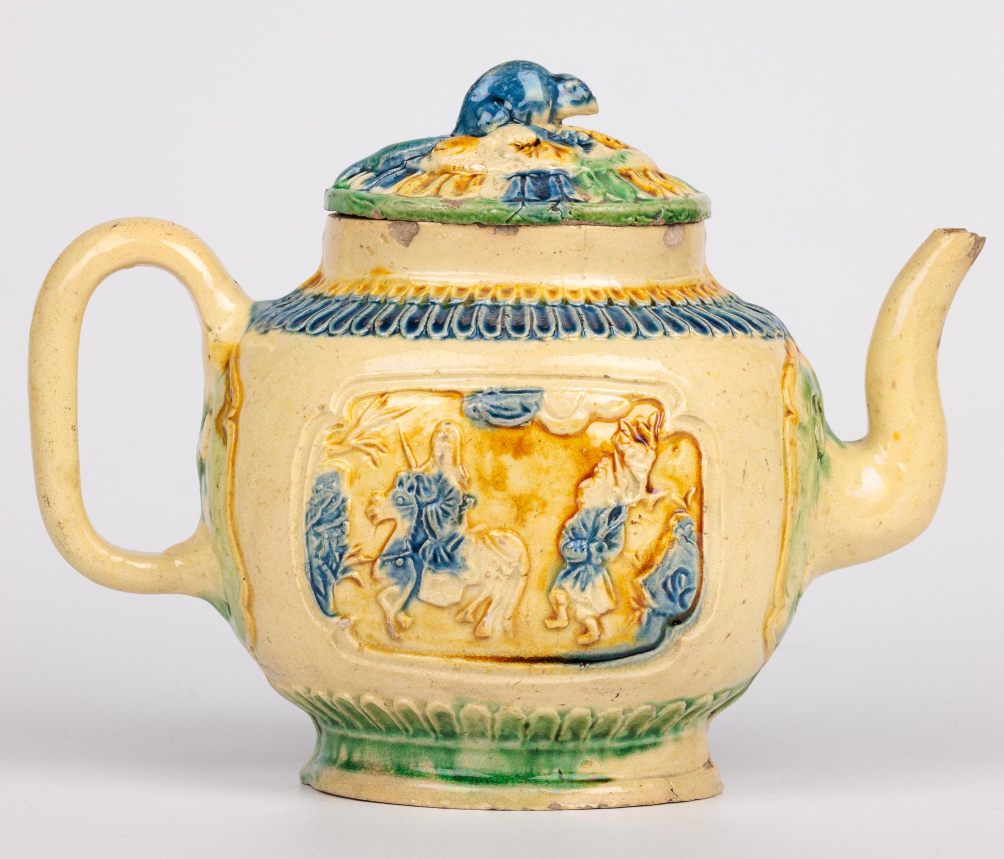 Qing Chinese Kangxi Yixing Sancai Glazed Teapot with Rat Finial For Sale