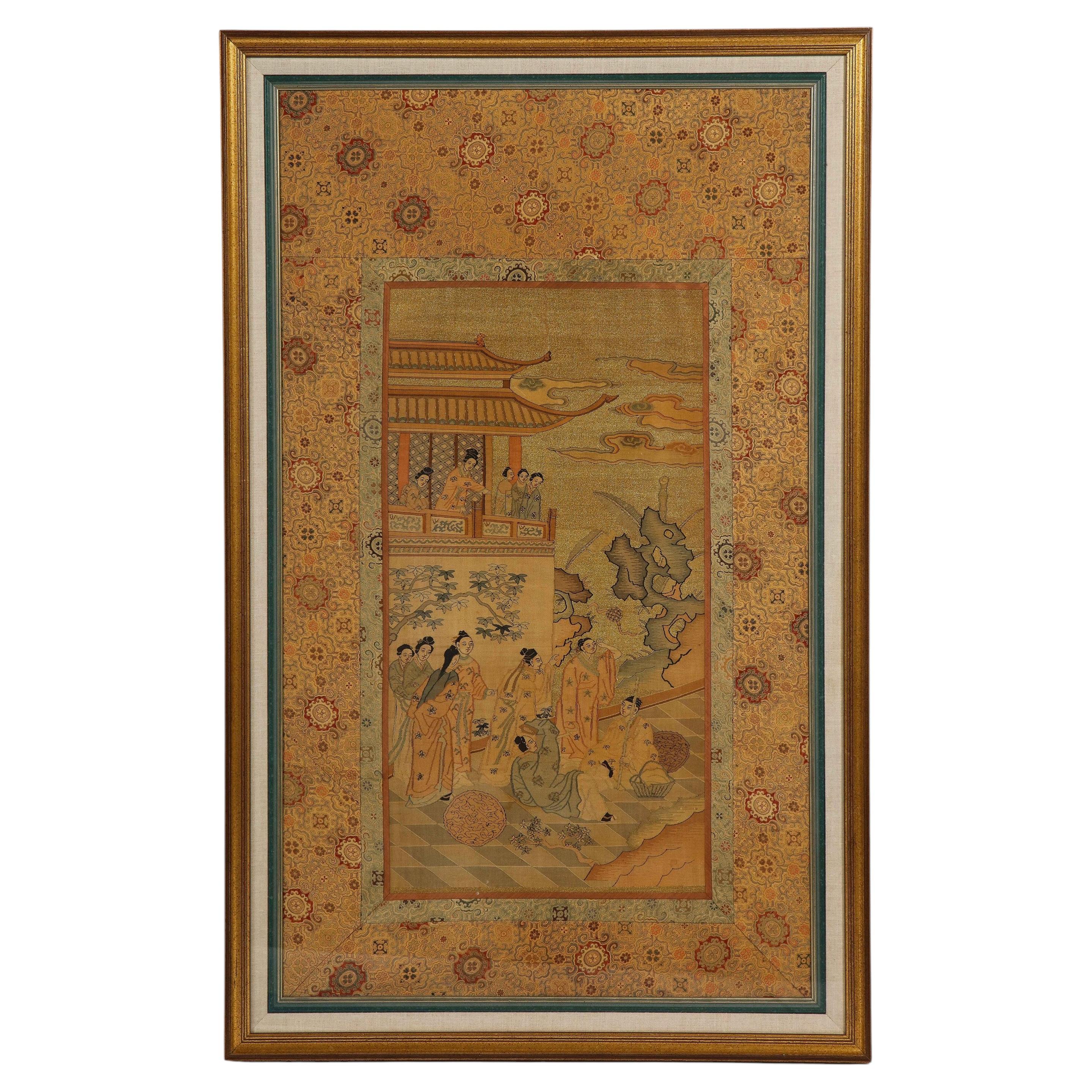 Panel chino de «Kesi» (tejido de tapiz de seda) con una escena palaciega, dinastía Qing en venta