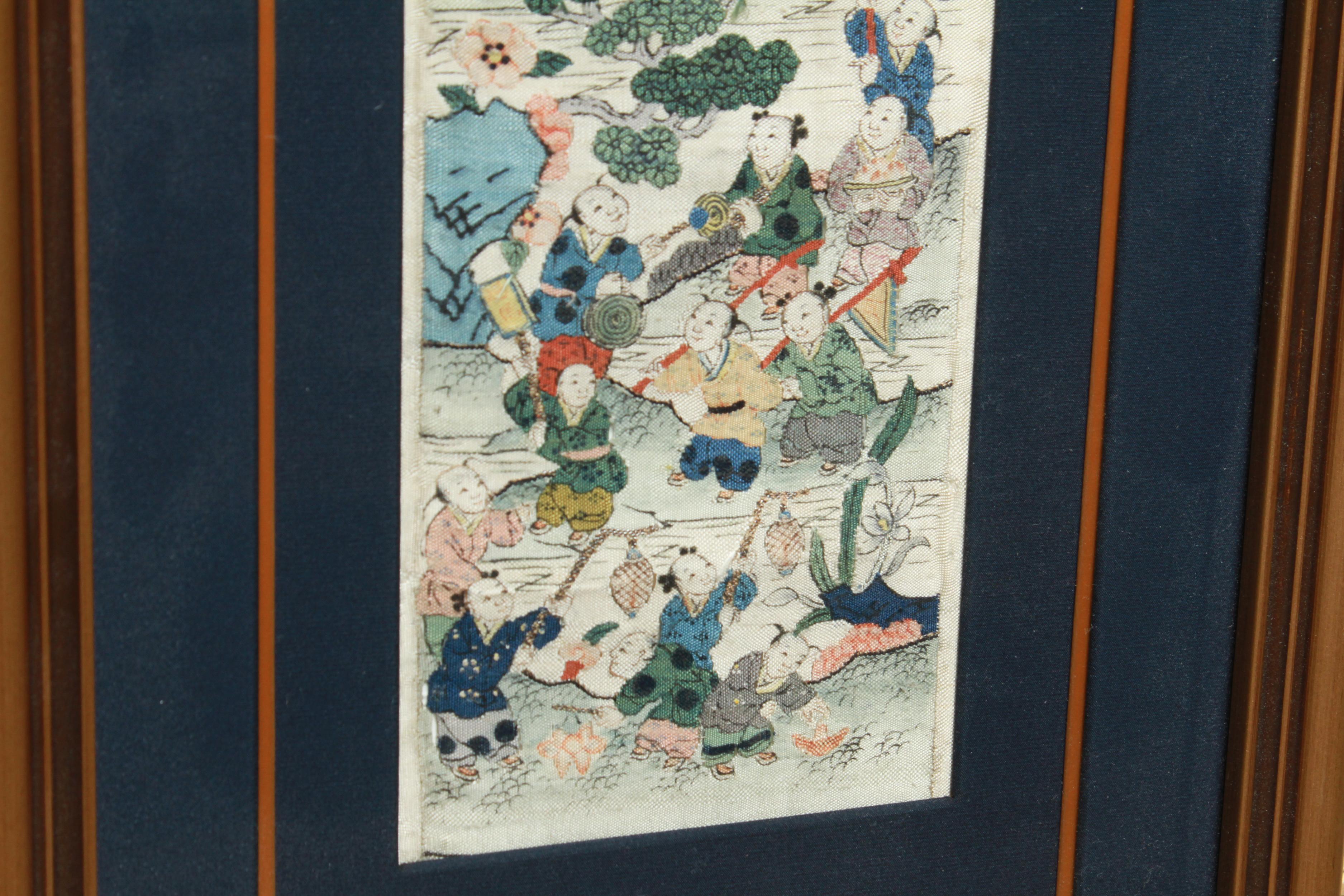 Chinese Kesi framed tapestry woven silk panel with hand-painted embellishment, 