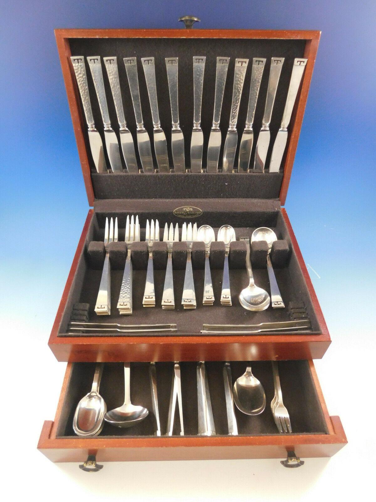 Dinner size Chinese Key by Allan Adler sterling silver flatware set, 80 pieces. This set includes:

12 dinner size knives with innovative solid handles, 9 5/8
