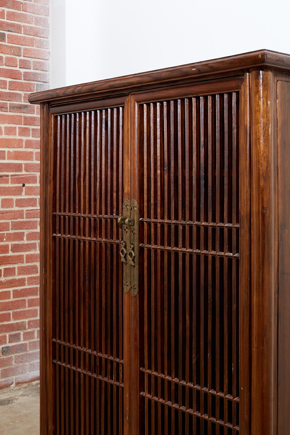 Brass Chinese Kitchen Cabinet with Geometric Lattice Doors