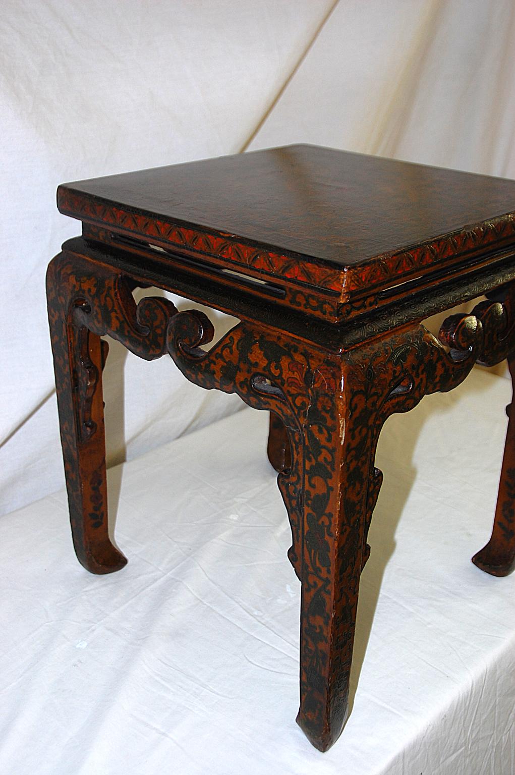 Chinese Kuang Hsu Period Lacquered Hand Painted Square Waisted Stool In Good Condition In Wells, ME