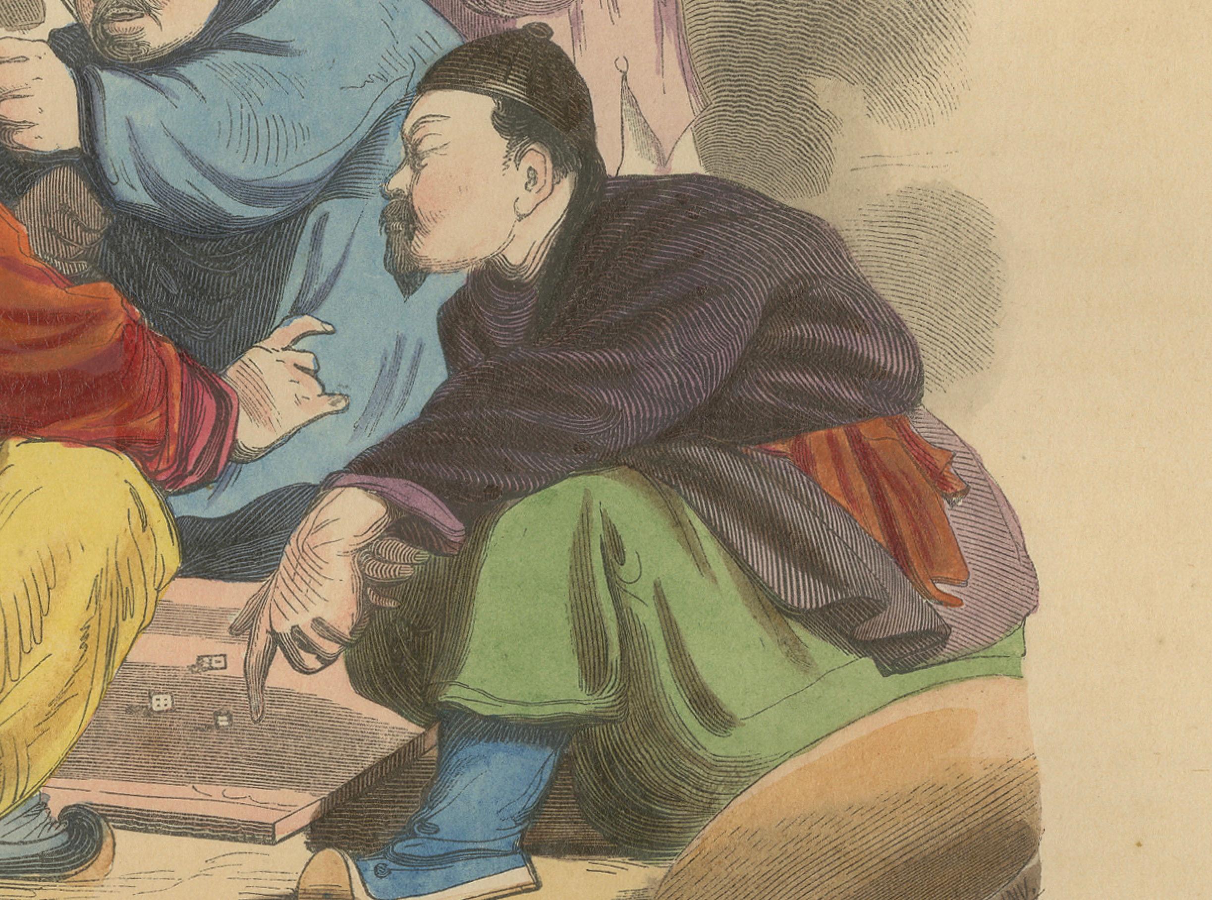 Obreros chinos jugando con atuendo tradicional de las litografías de Wahlen de 1844 en Bueno estado para la venta en Langweer, NL