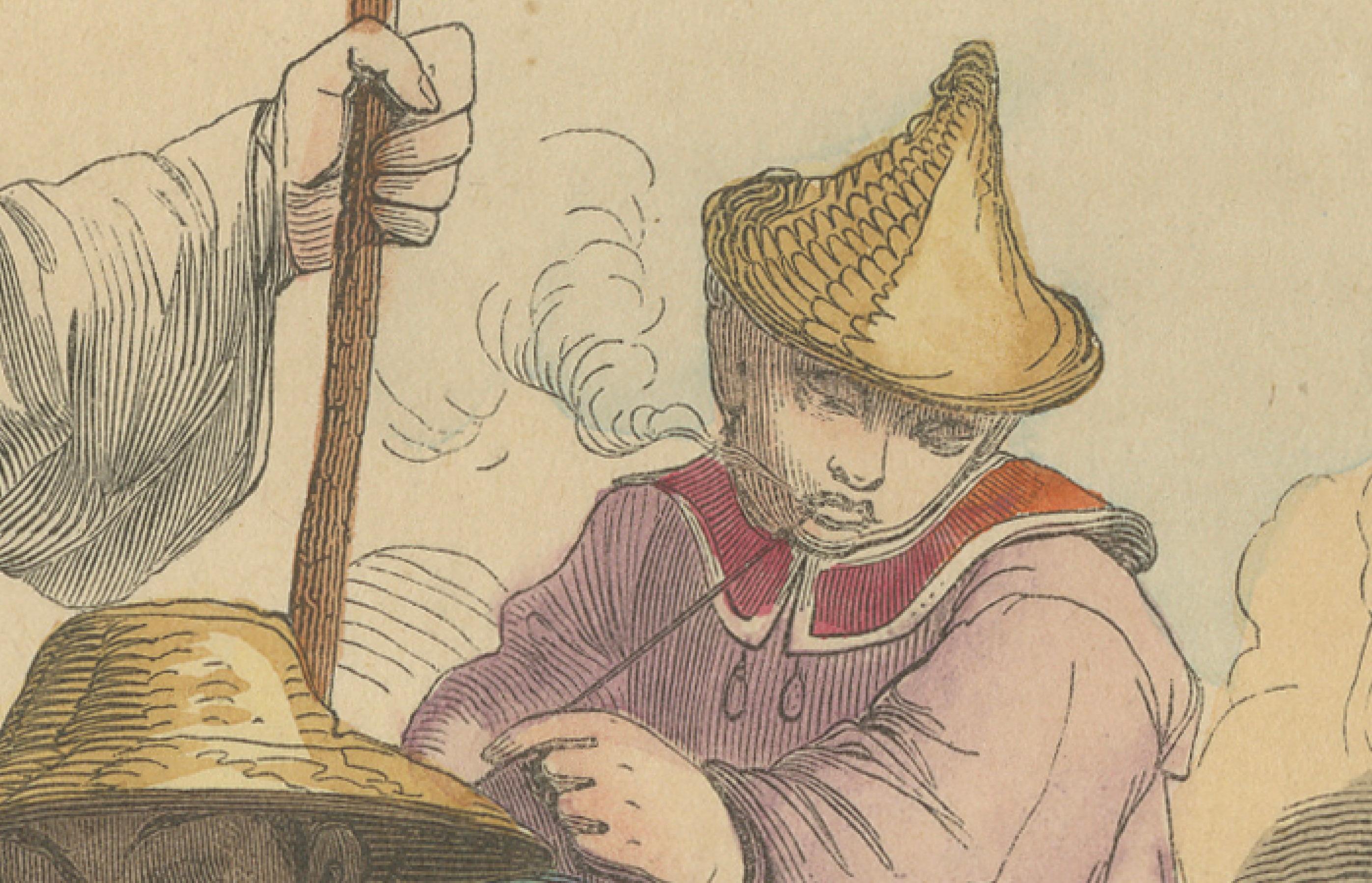 Obreros chinos jugando con atuendo tradicional de las litografías de Wahlen de 1844 Mediados del siglo XIX en venta