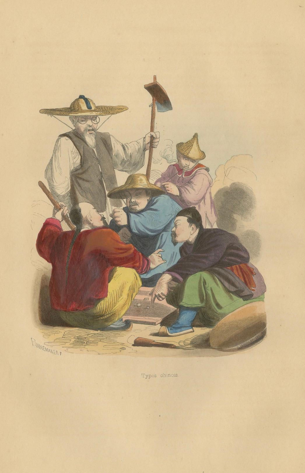 Obreros chinos jugando con atuendo tradicional de las litografías de Wahlen de 1844 en venta 2