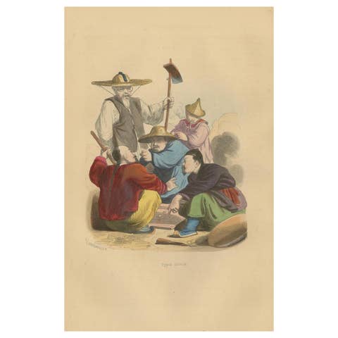 Chinese Laborers Gambling in Traditional Attire from Wahlen's 1844 Lithographs