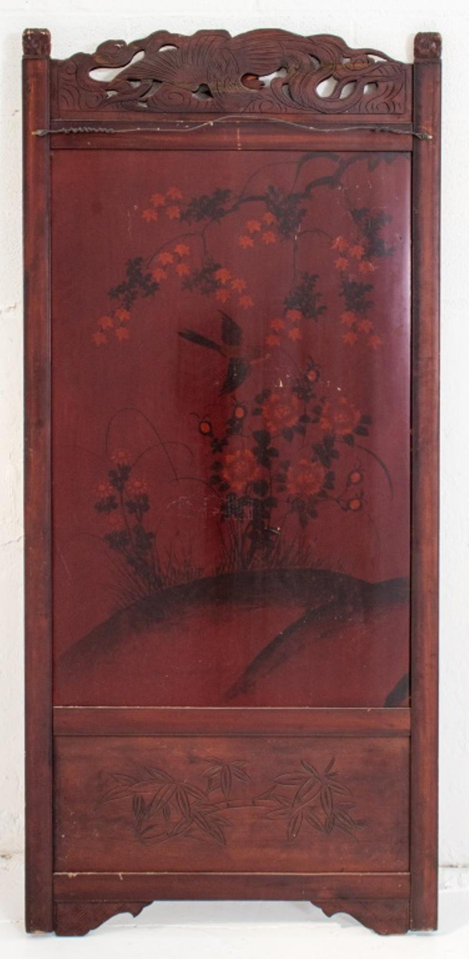 Chinese lacquer and abalone screen panel, now mounted for wall hanging, the wooden Phoenix-carved frame centering a parcel-gilded black and red lacquer panel with a carved abalone scene of pheasants gathering beneath flowering branches and