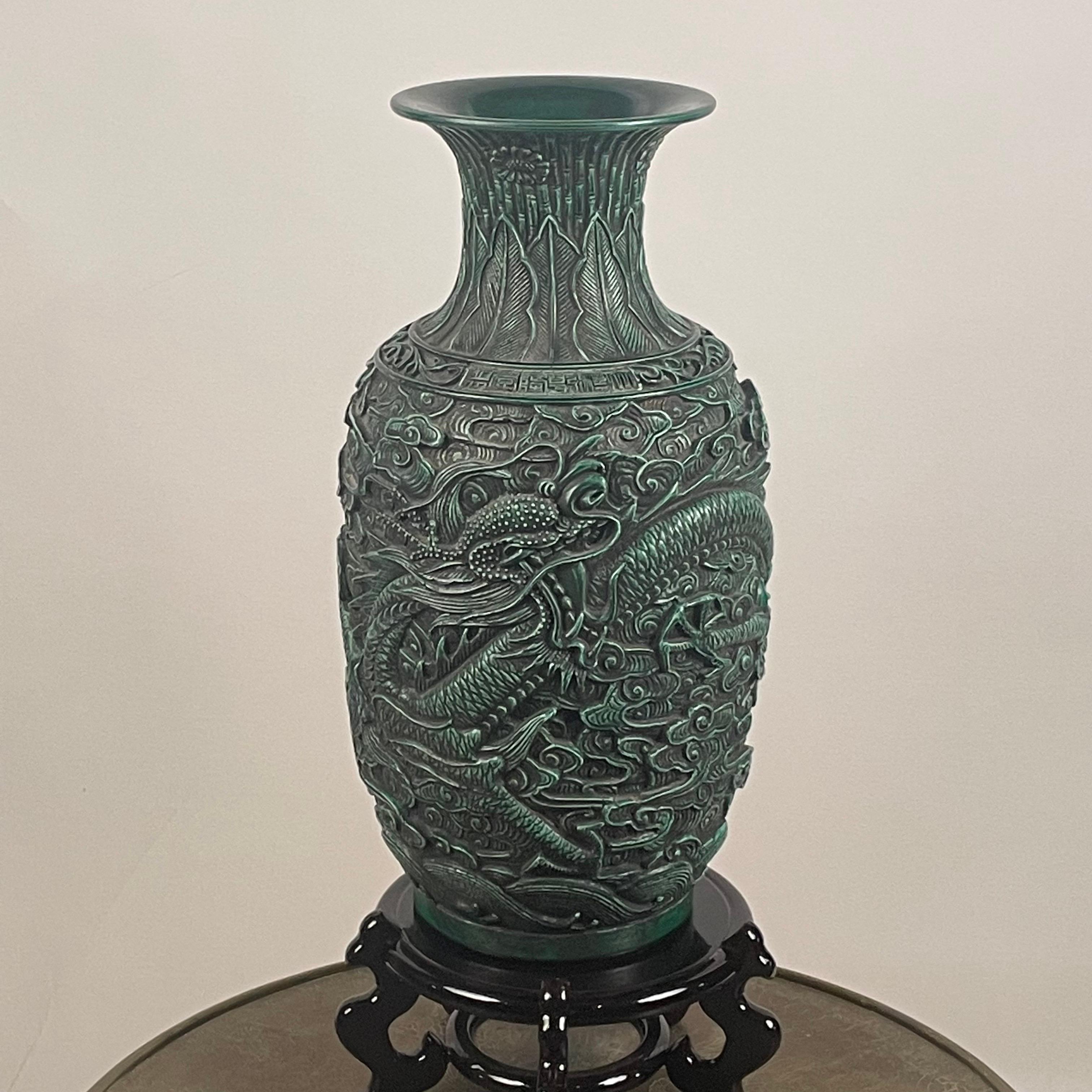 Chinoiserie Chinese Lacquer and Bronze Table & Green Dragon Vase the Style of Tony Duquette For Sale