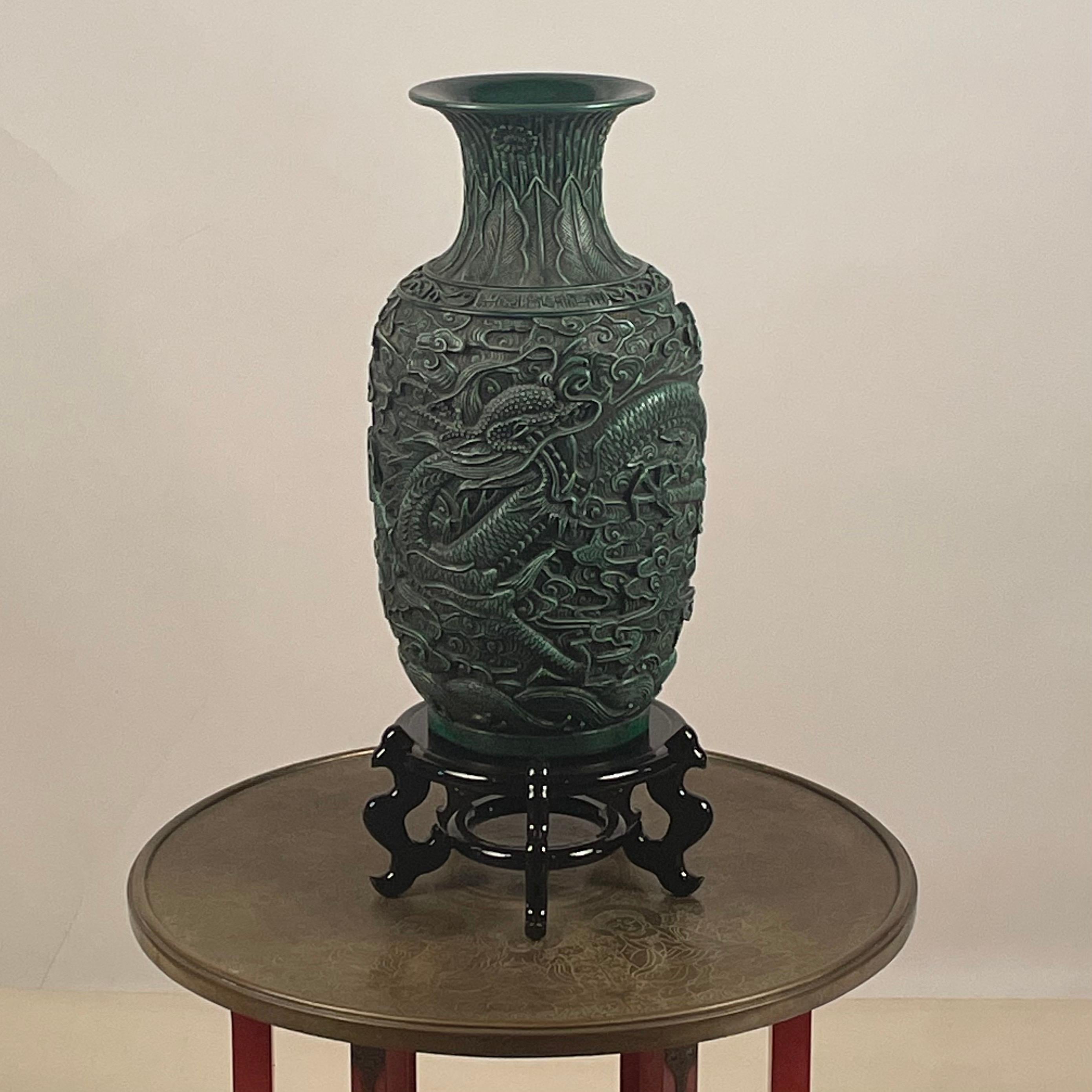 Late 20th Century Chinese Lacquer and Bronze Table & Green Dragon Vase the Style of Tony Duquette For Sale
