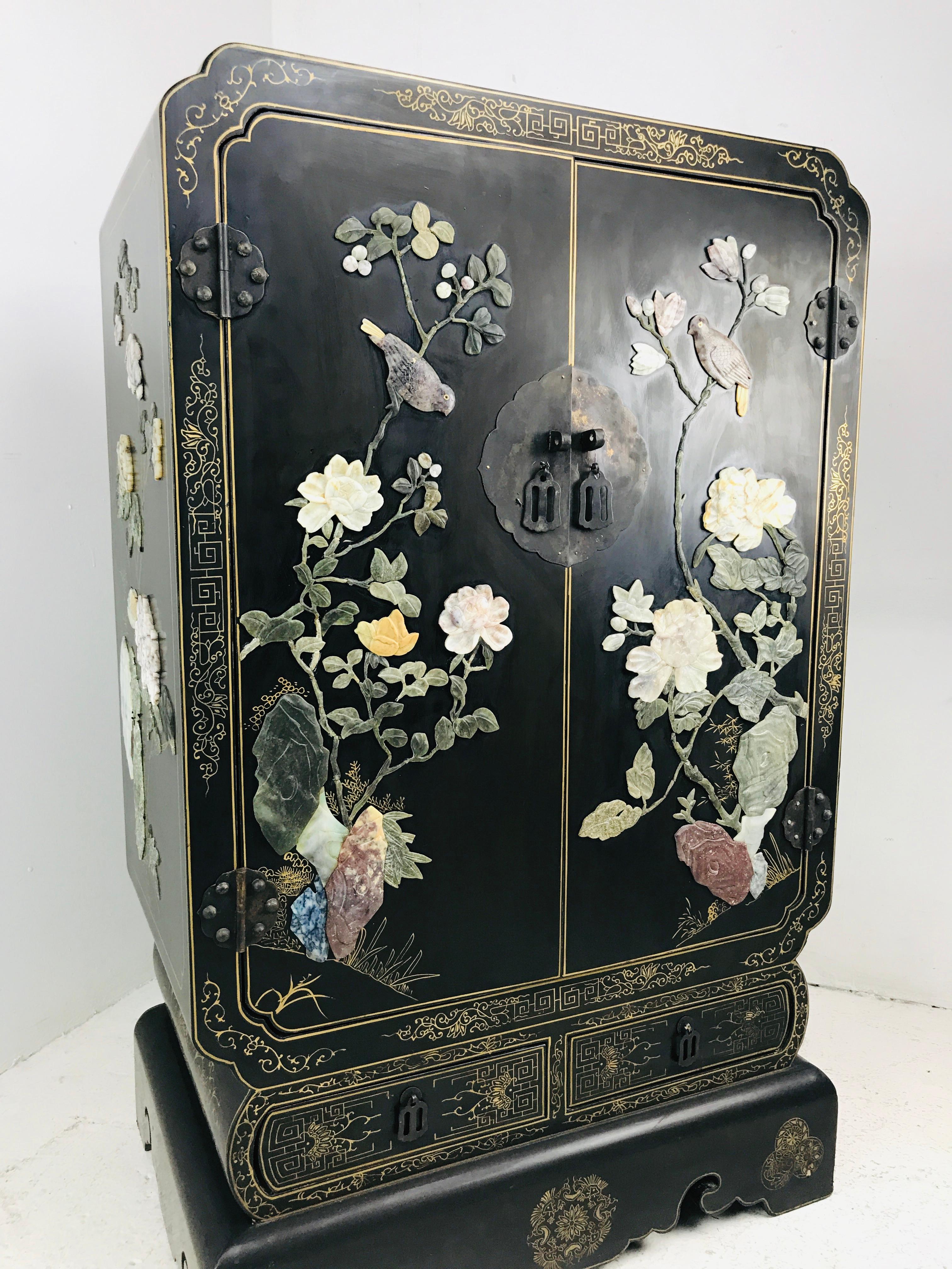 Inlay Chinese Lacquer and Hardstone Bar Cabinet