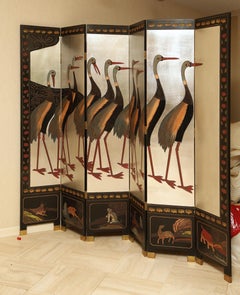 Chinese Lacquer and Silver Leaf Six-Panel Folding Screen