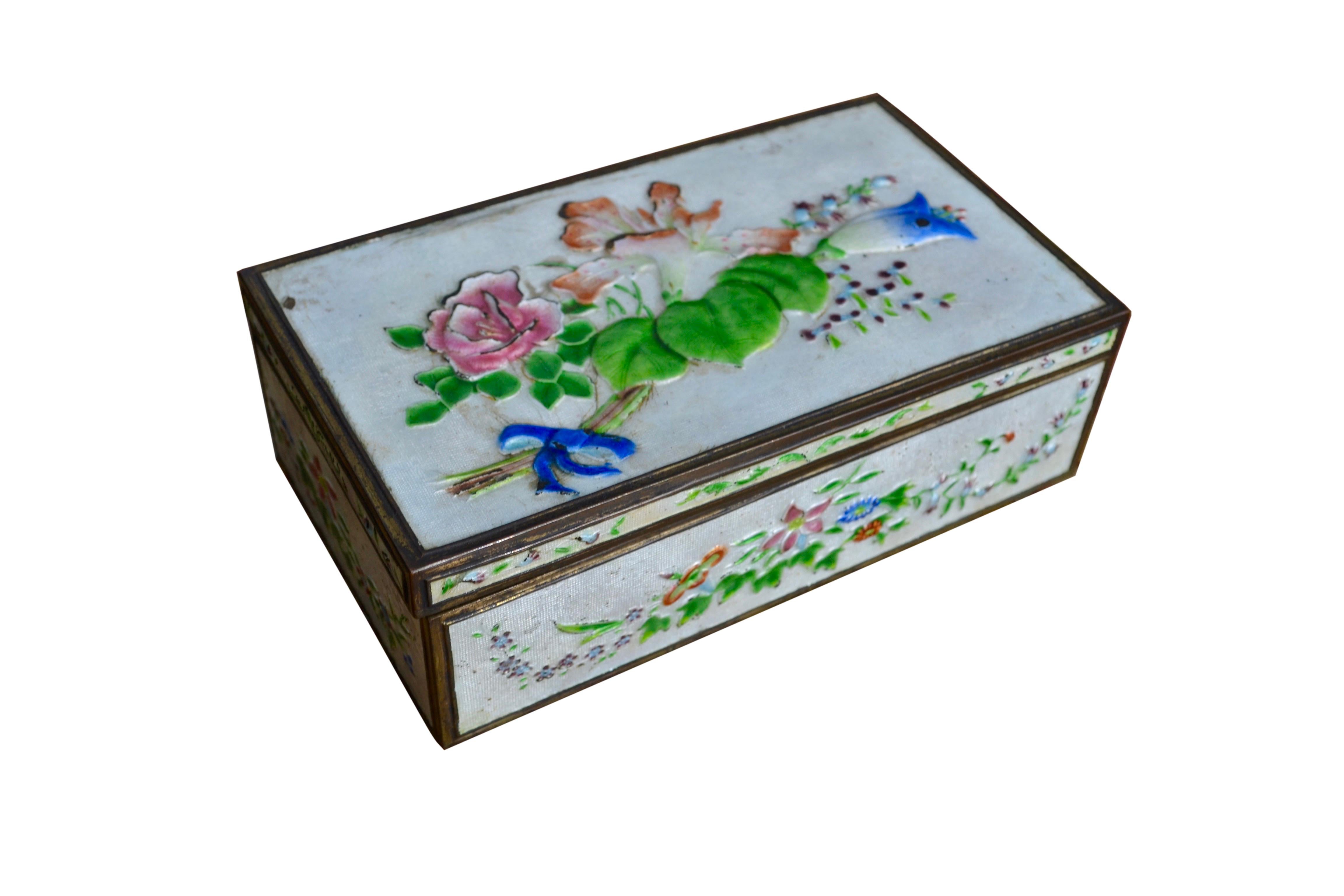 Une boîte à cadre métallique avec une décoration en laque sur toute sa surface, avec des fleurs, des feuilles et des rubans multicolores. L'intérieur de la boîte est plaqué d'un bois clair. Il est estampillé China sur le dessous et possède une