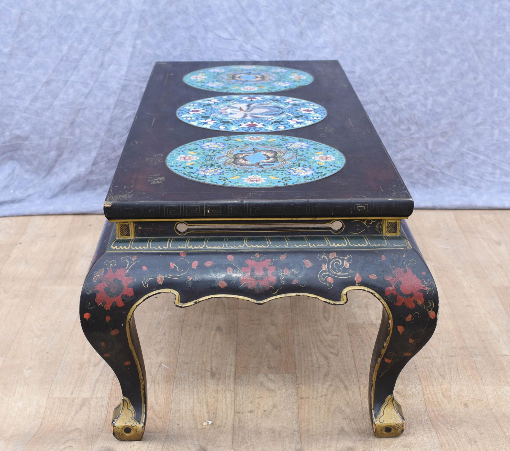 Mid-20th Century Chinese Lacquer Coffee Table, Cloisonne Porcelain Plaques For Sale