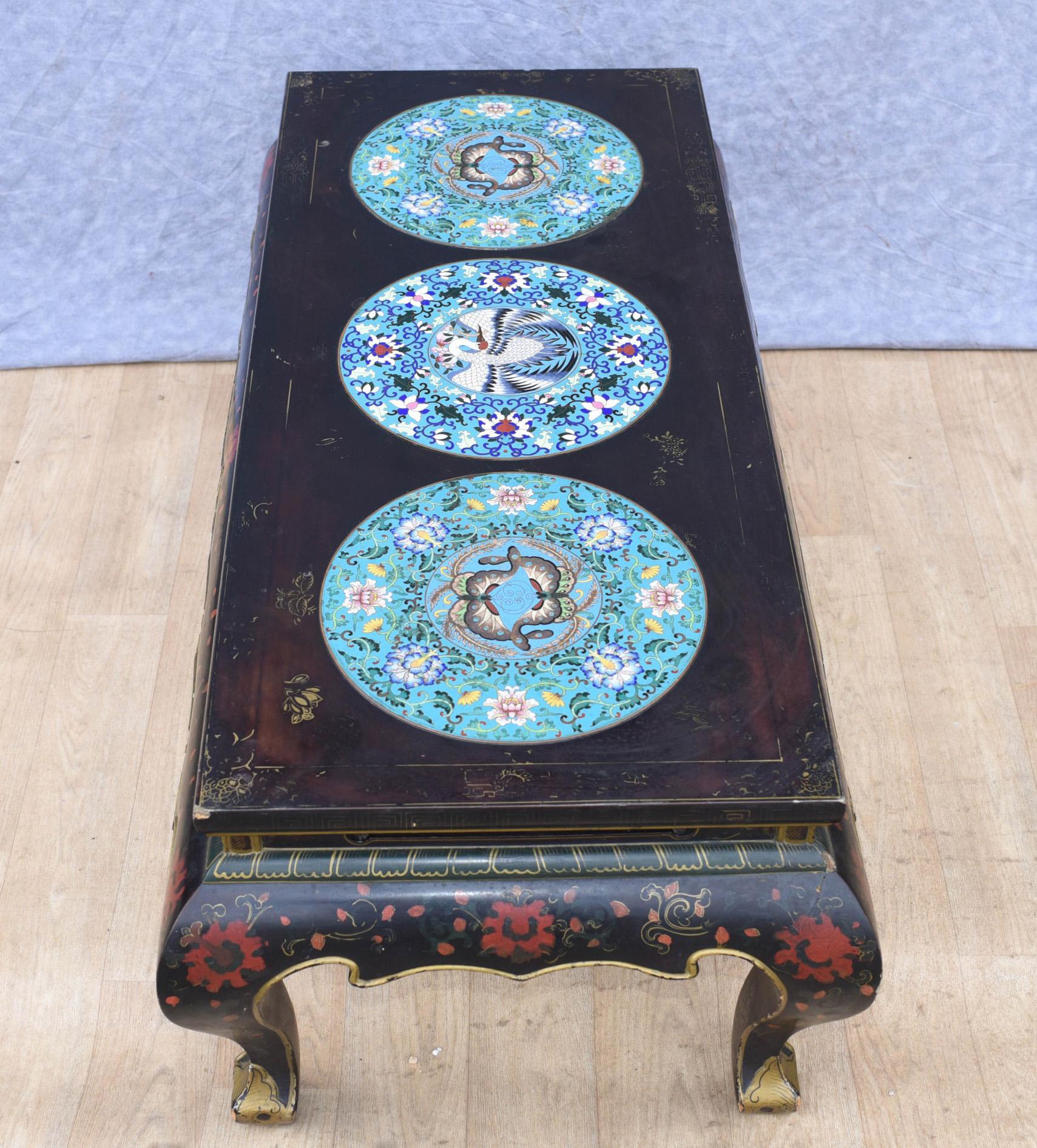 Other Chinese Lacquer Coffee Table, Cloisonne Porcelain Plaques For Sale