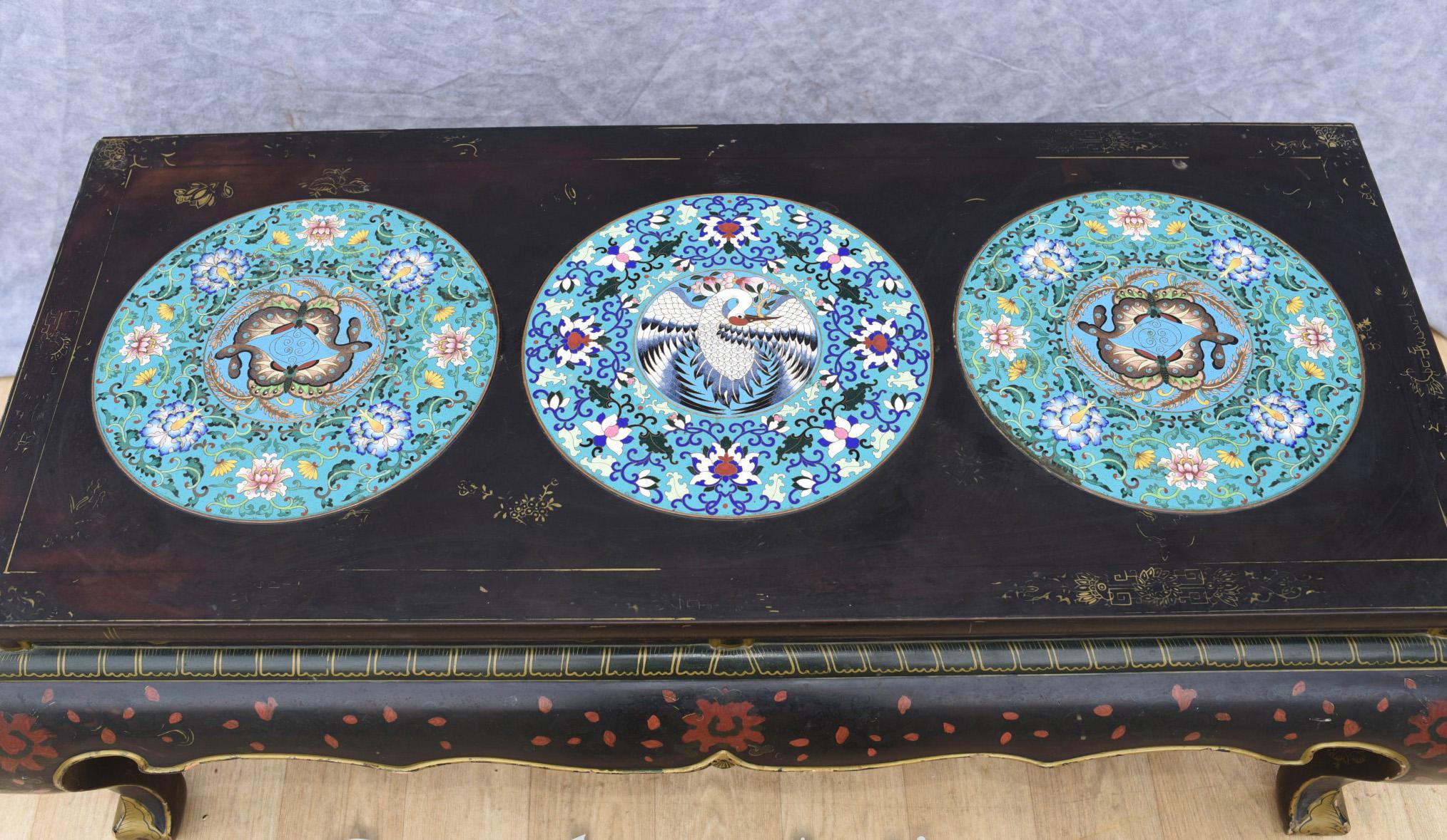 Chinese Lacquer Coffee Table, Cloisonne Porcelain Plaques For Sale 1