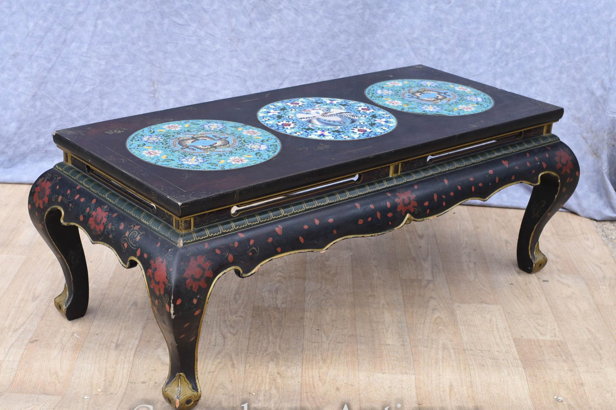 Chinese Lacquer Coffee Table, Cloisonne Porcelain Plaques For Sale 2