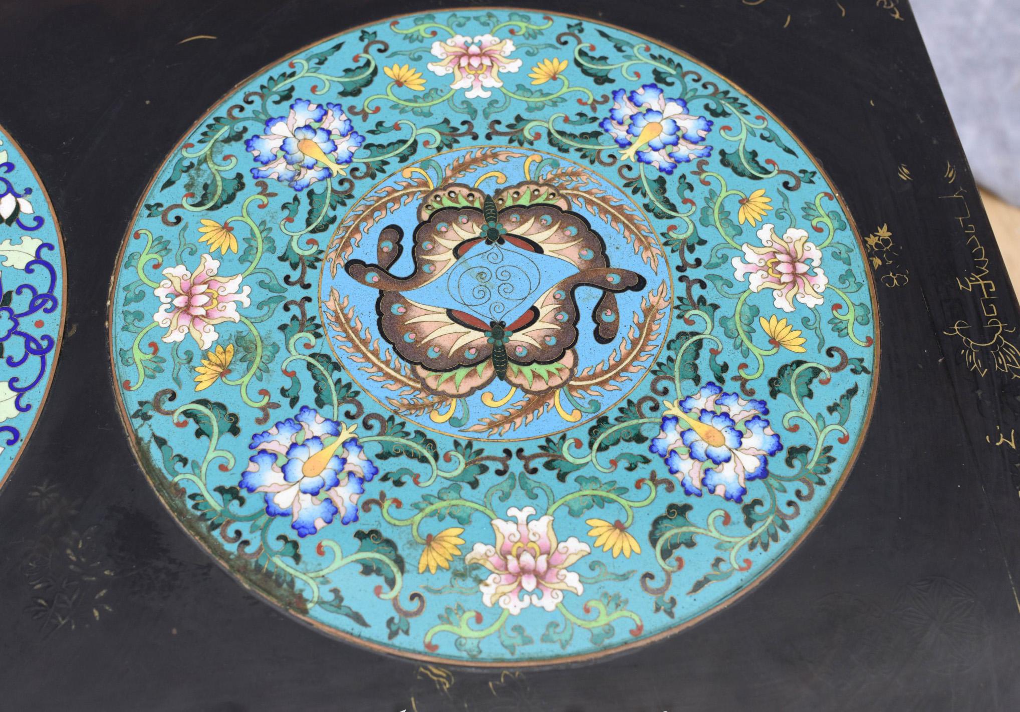 Chinese Lacquer Coffee Table, Cloisonne Porcelain Plaques For Sale 3