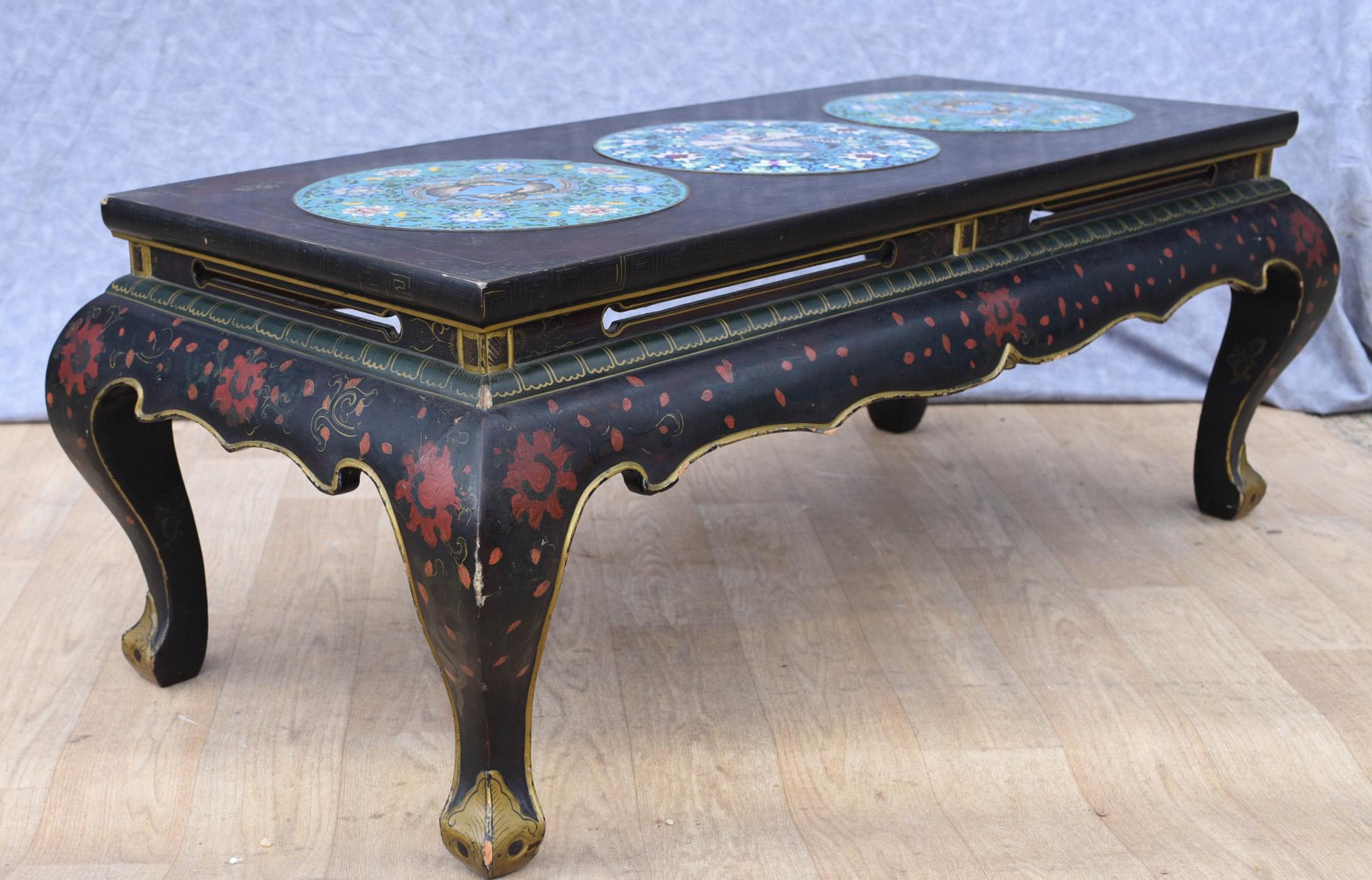 Chinese Lacquer Coffee Table, Cloisonne Porcelain Plaques For Sale 4