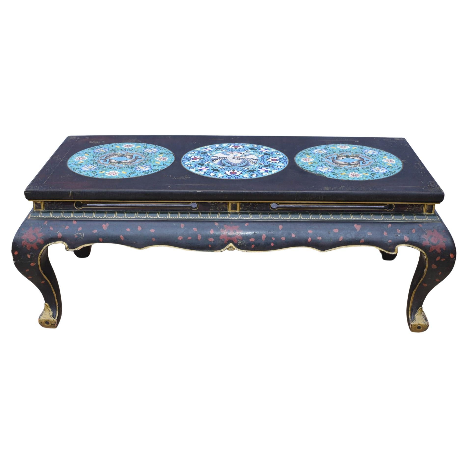Chinese Lacquer Coffee Table, Cloisonne Porcelain Plaques For Sale