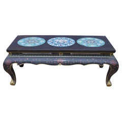 Chinese Lacquer Coffee Table, Cloisonne Porcelain Plaques
