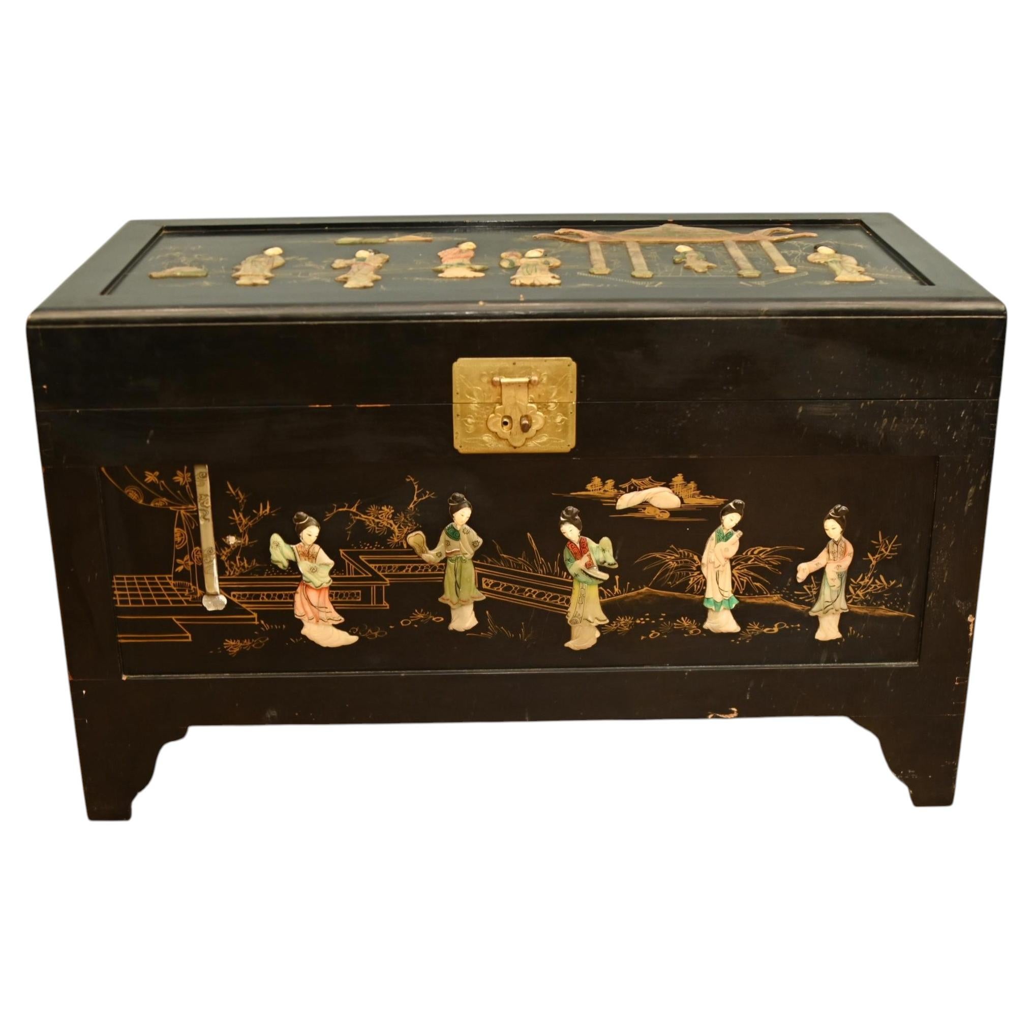Chinese Lacquer Coffer Storage Box Antique Wedding Chest 1920 For Sale