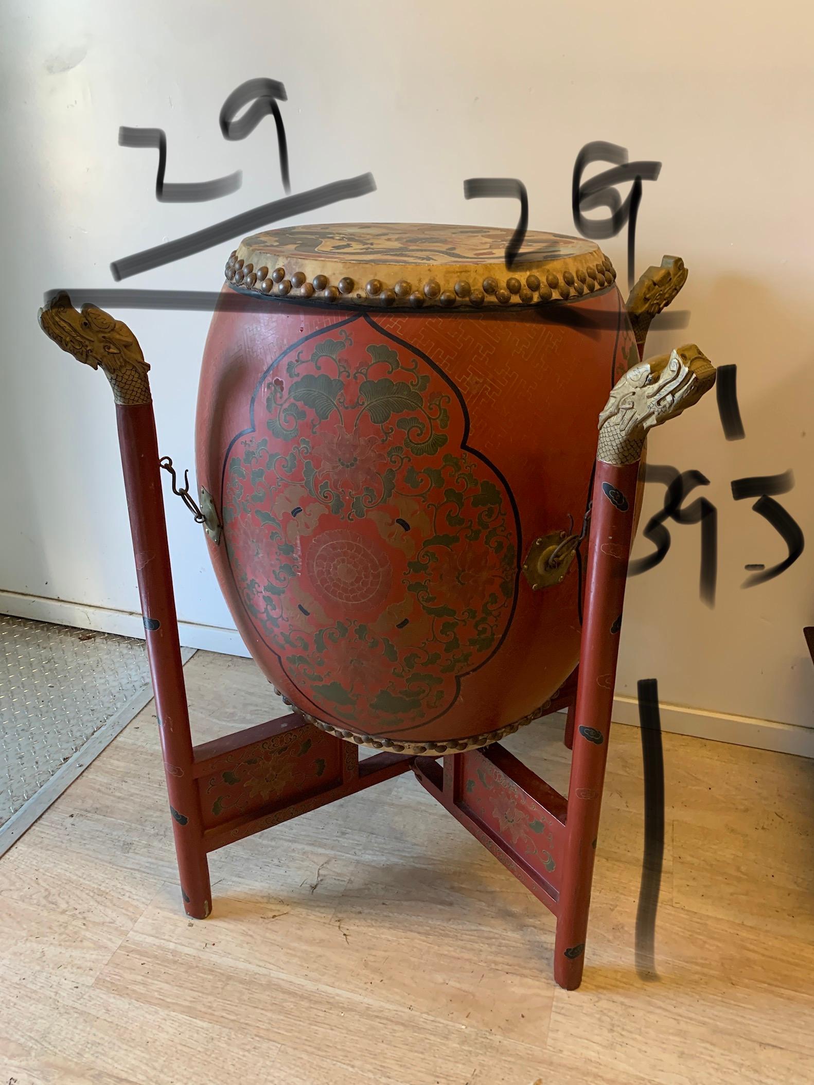 Chinese Lacquer Double Sided Qing Dynasty Drum with Wooden Stand and Drum Sticks For Sale 1