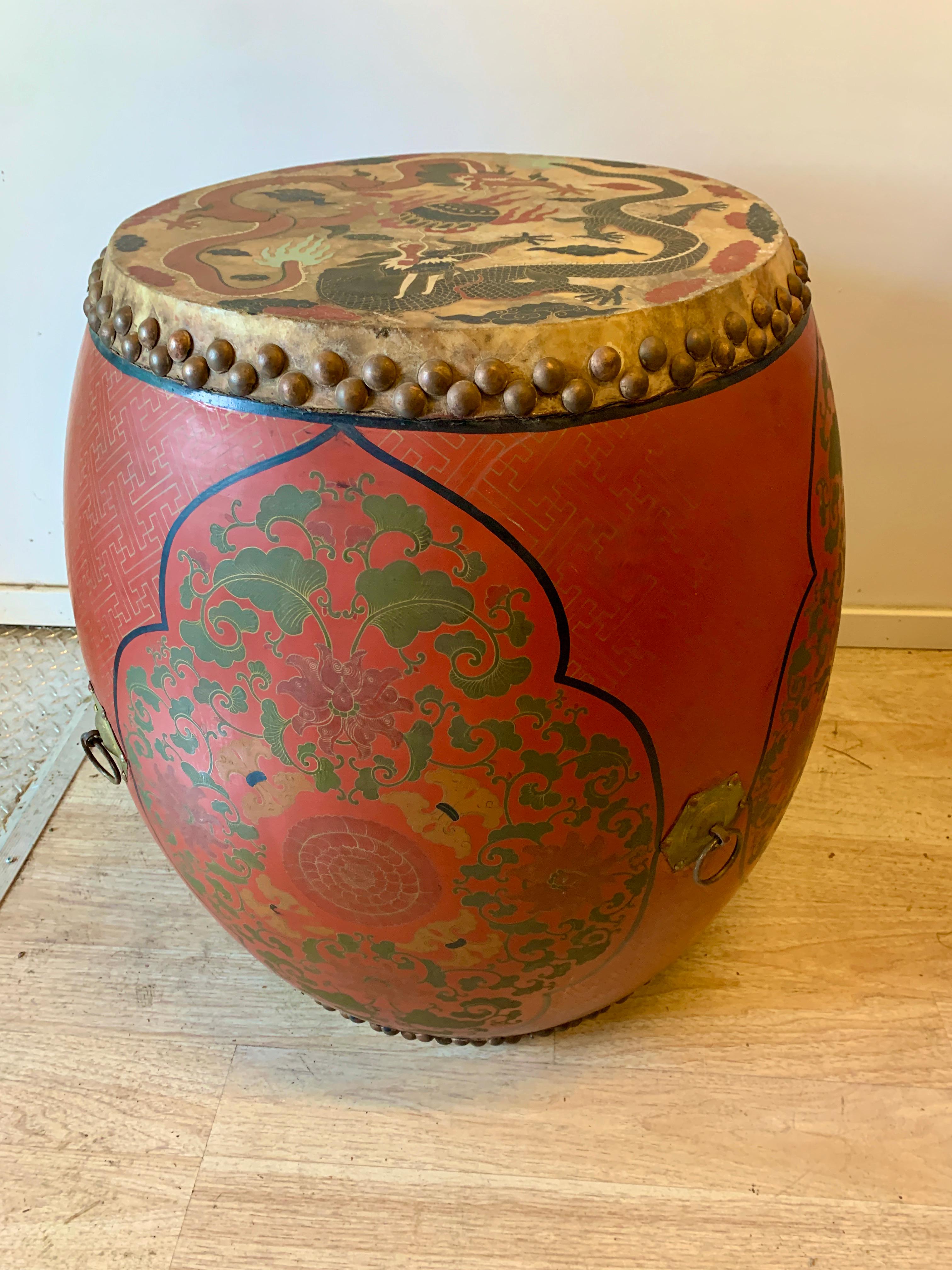 Chinese Export Chinese Lacquer Double Sided Qing Dynasty Drum with Wooden Stand and Drum Sticks For Sale