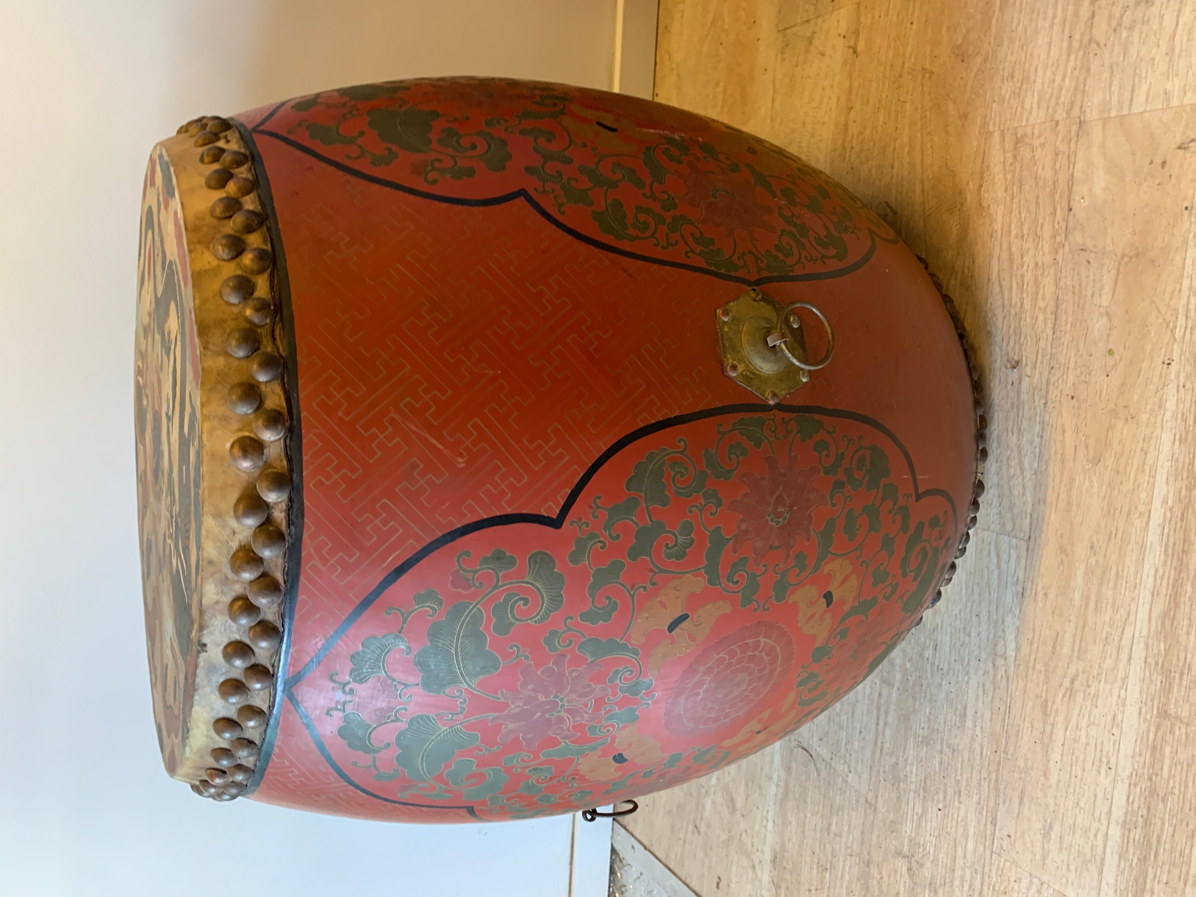 19th Century Chinese Lacquer Double Sided Qing Dynasty Drum with Wooden Stand and Drum Sticks For Sale