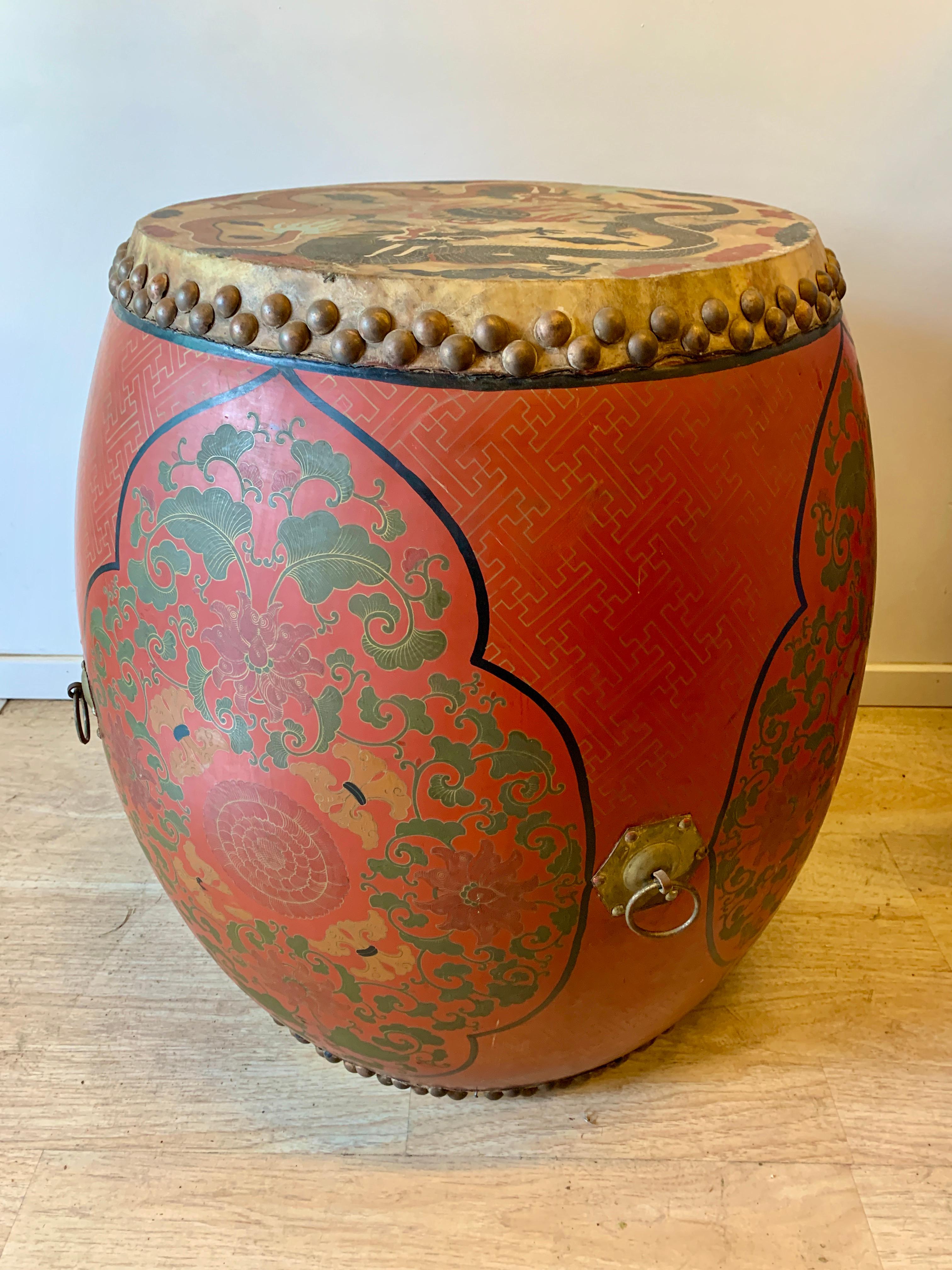 Leather Chinese Lacquer Double Sided Qing Dynasty Drum with Wooden Stand and Drum Sticks For Sale