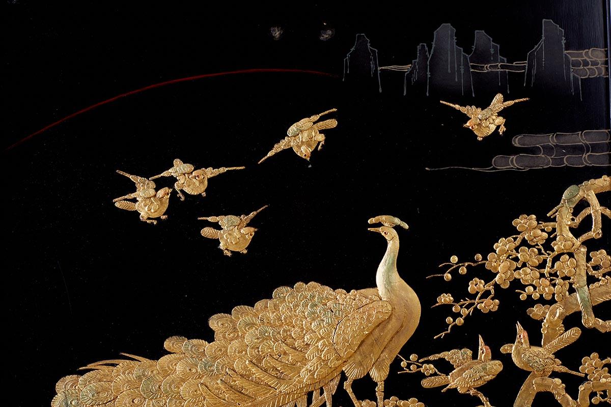 Chinese Lacquer Gilt Five Panel Peacock Screen 2