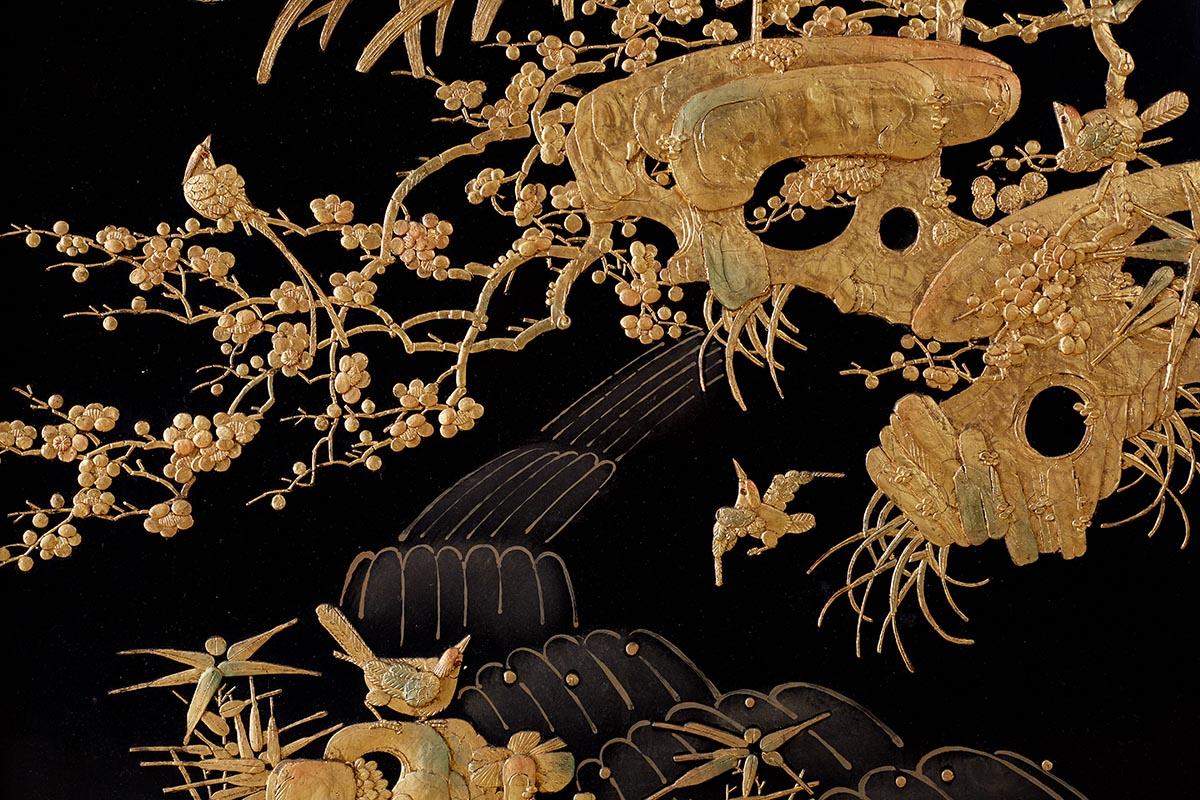 Chinese Lacquer Gilt Five Panel Peacock Screen 3