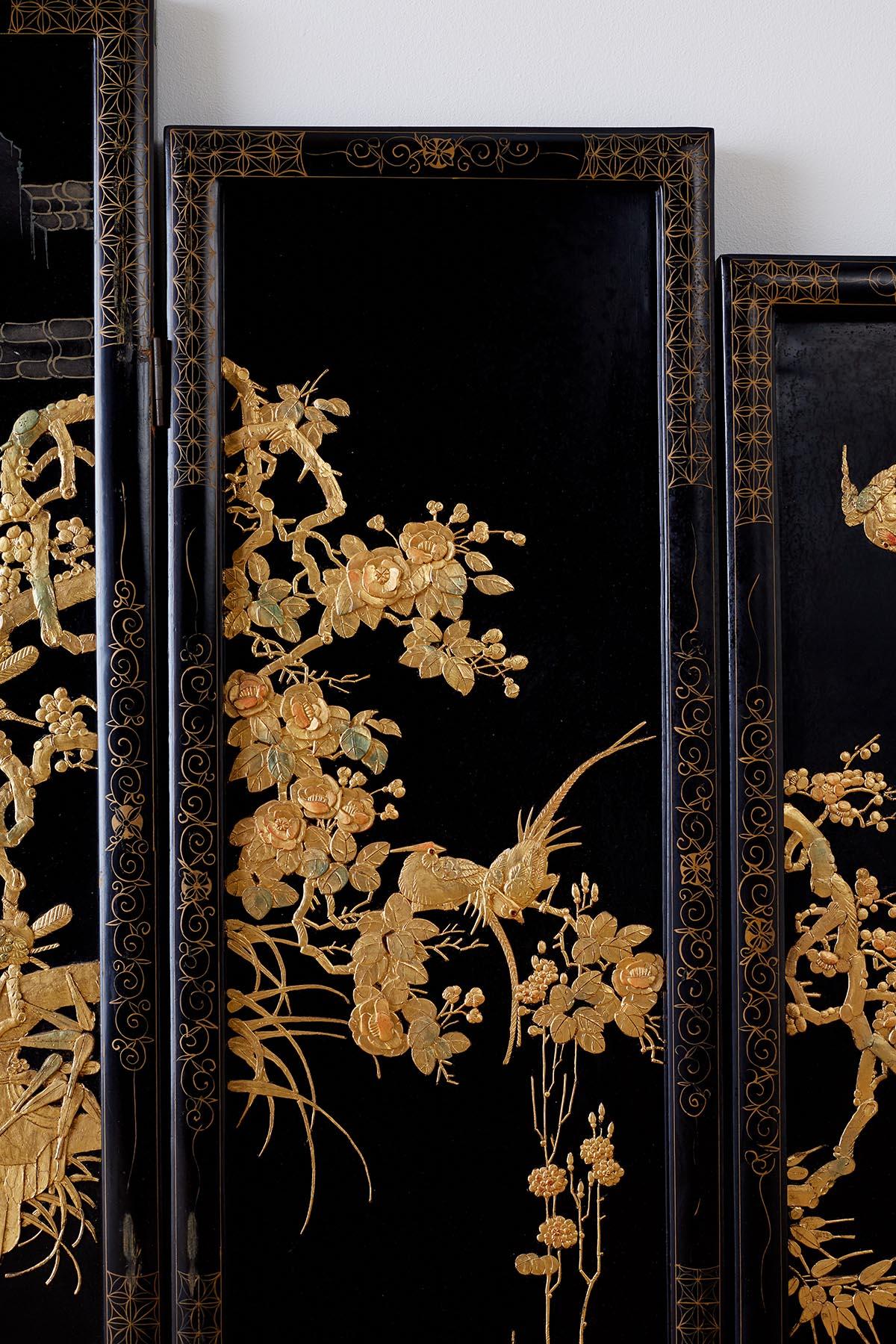 Chinese Lacquer Gilt Five Panel Peacock Screen 5