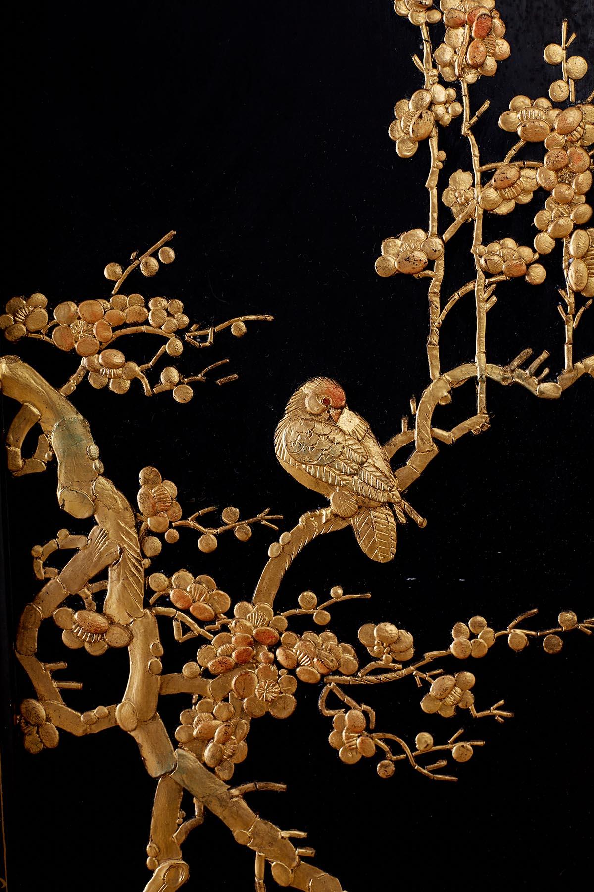 Chinese Lacquer Gilt Five Panel Peacock Screen 6