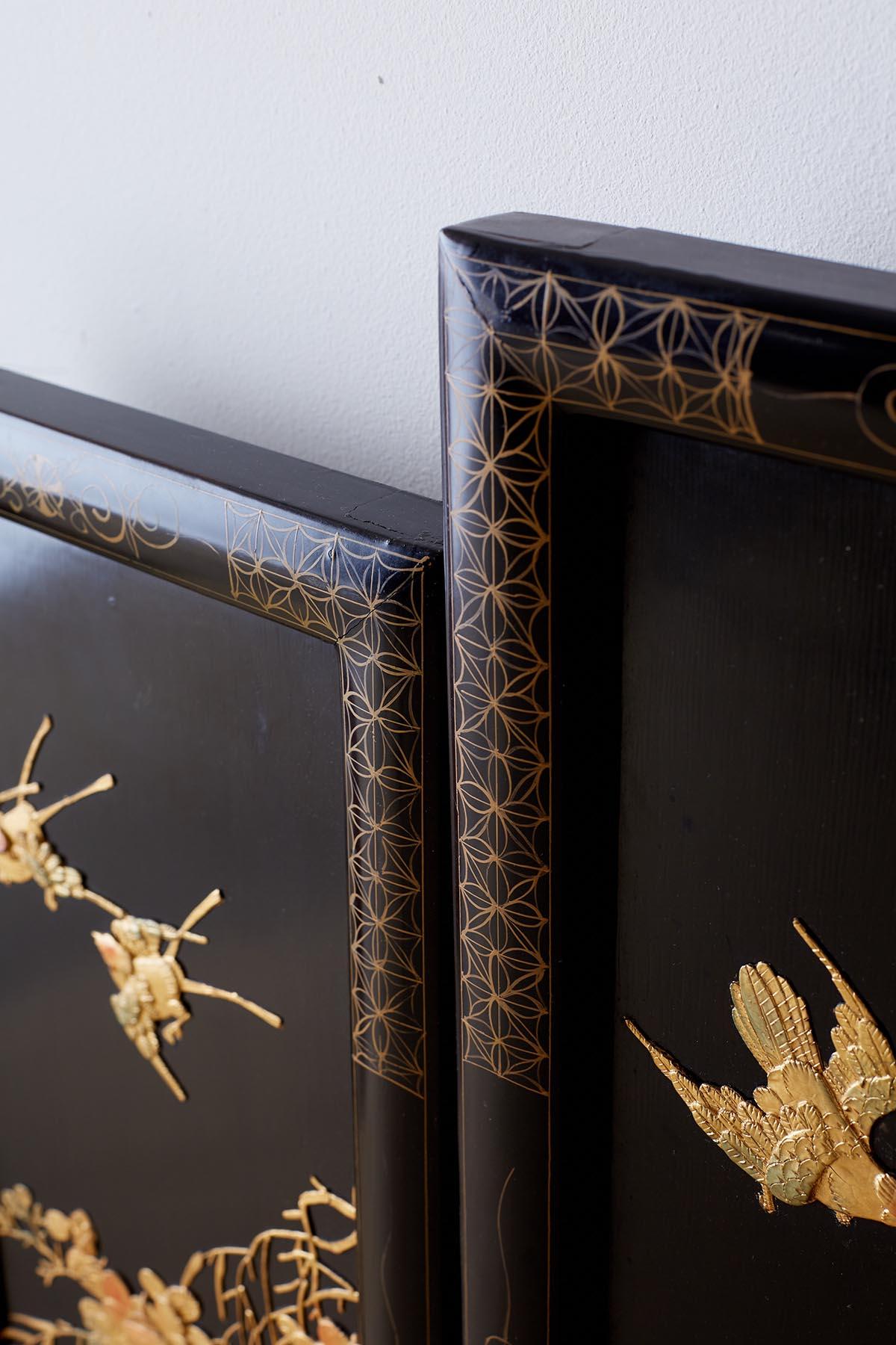 Chinese Lacquer Gilt Five Panel Peacock Screen 7