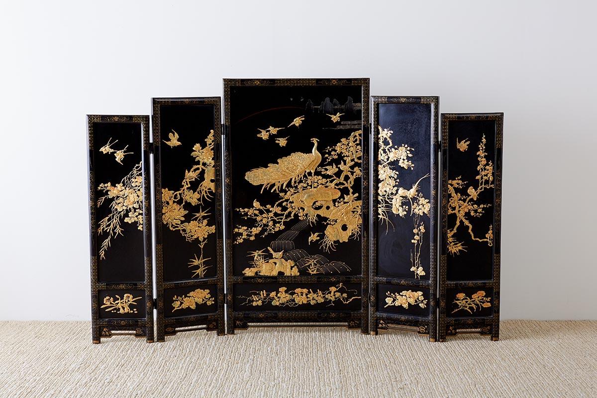 Chinese Lacquer Gilt Five Panel Peacock Screen 9