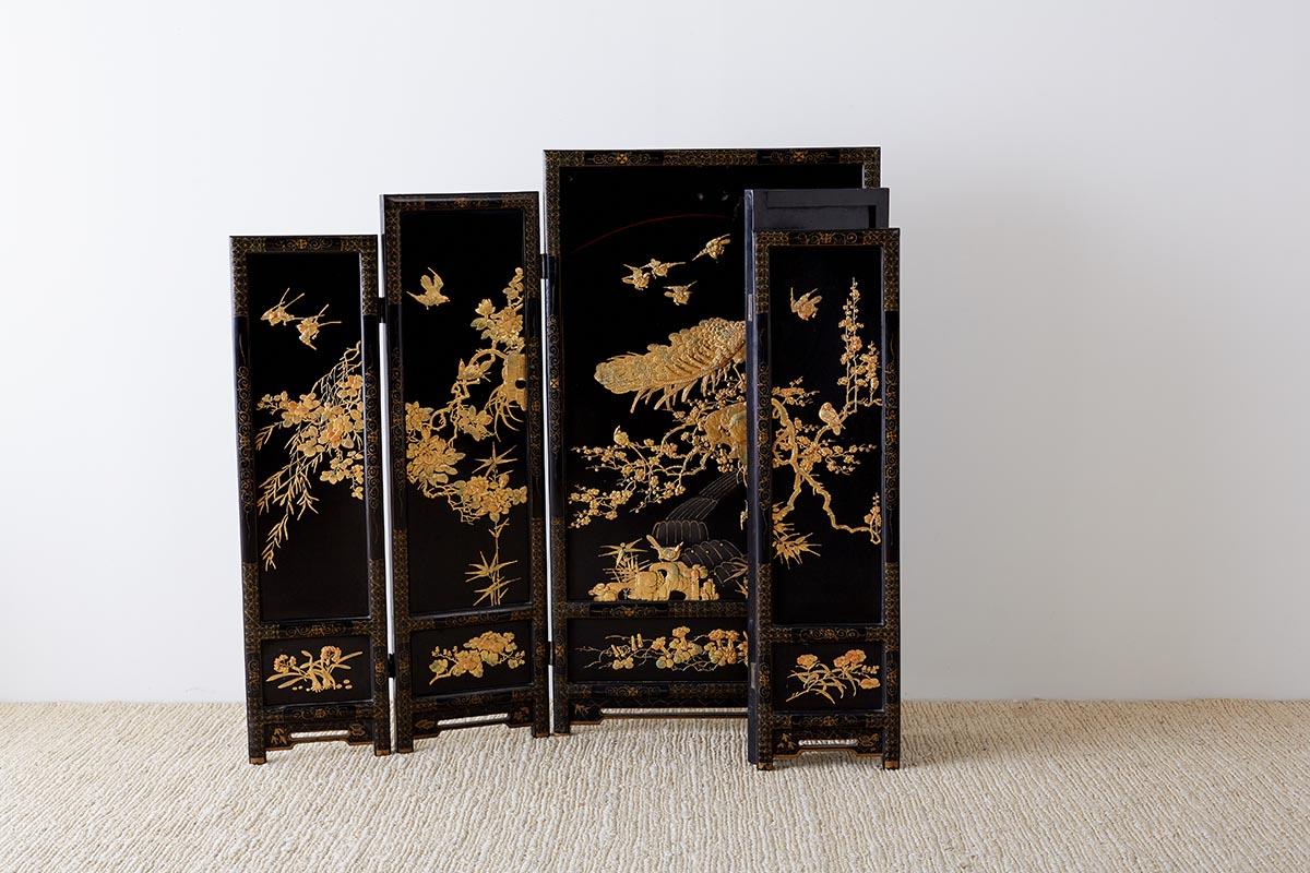 Chinese Lacquer Gilt Five Panel Peacock Screen 10