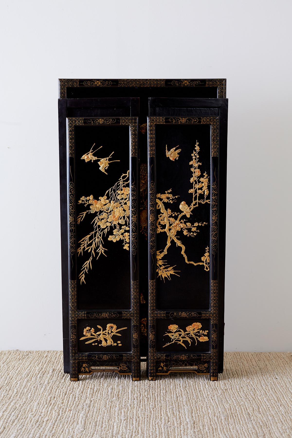 Chinese Lacquer Gilt Five Panel Peacock Screen 11