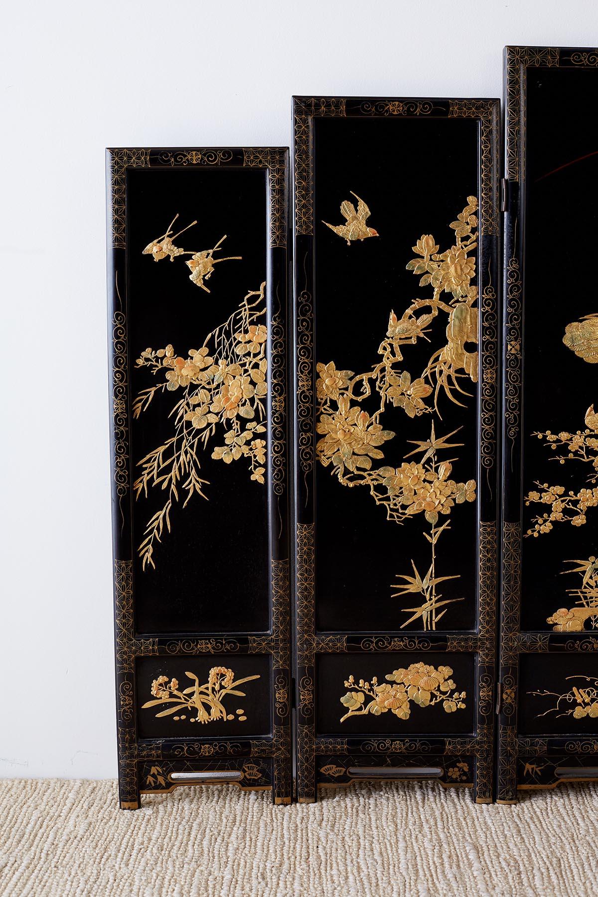 Chinese Export Chinese Lacquer Gilt Five Panel Peacock Screen