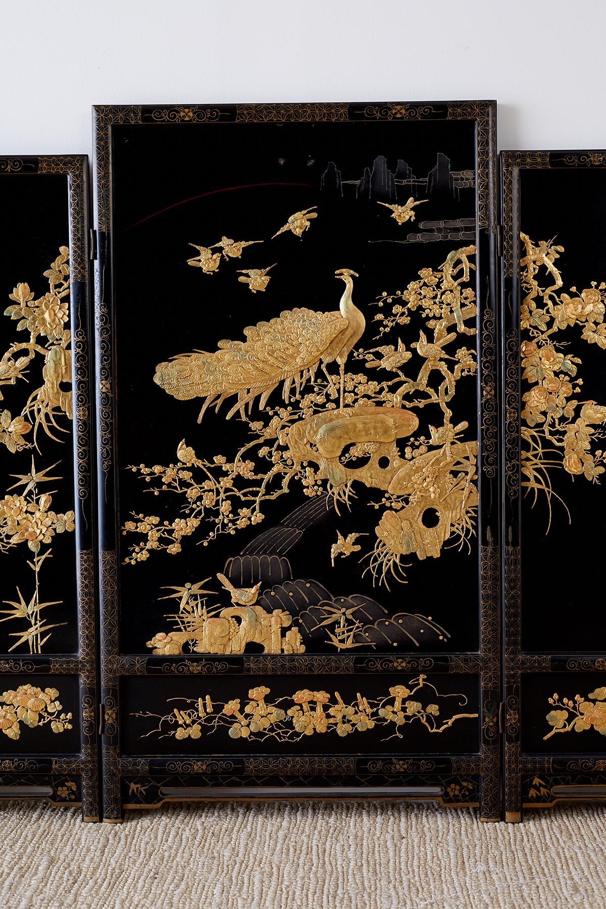 Ebonized Chinese Lacquer Gilt Five Panel Peacock Screen