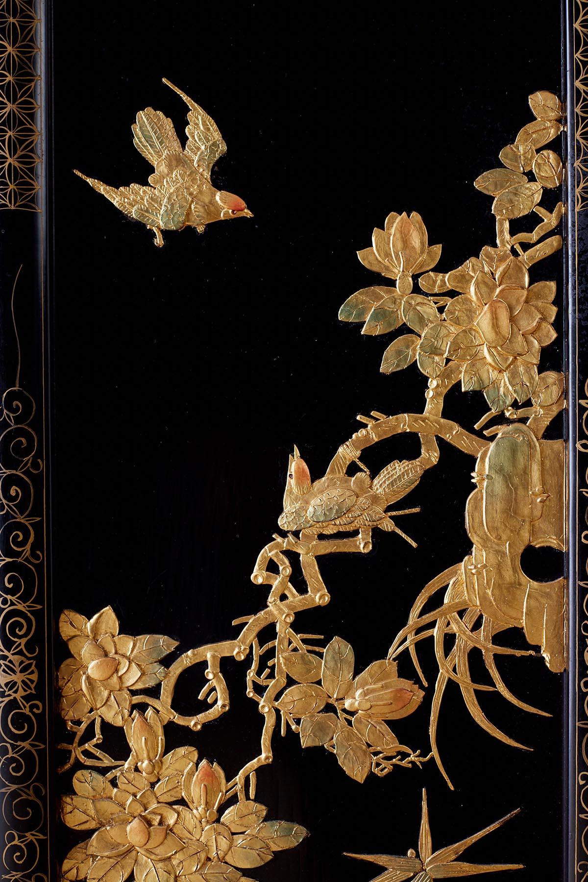 Chinese Lacquer Gilt Five Panel Peacock Screen 1